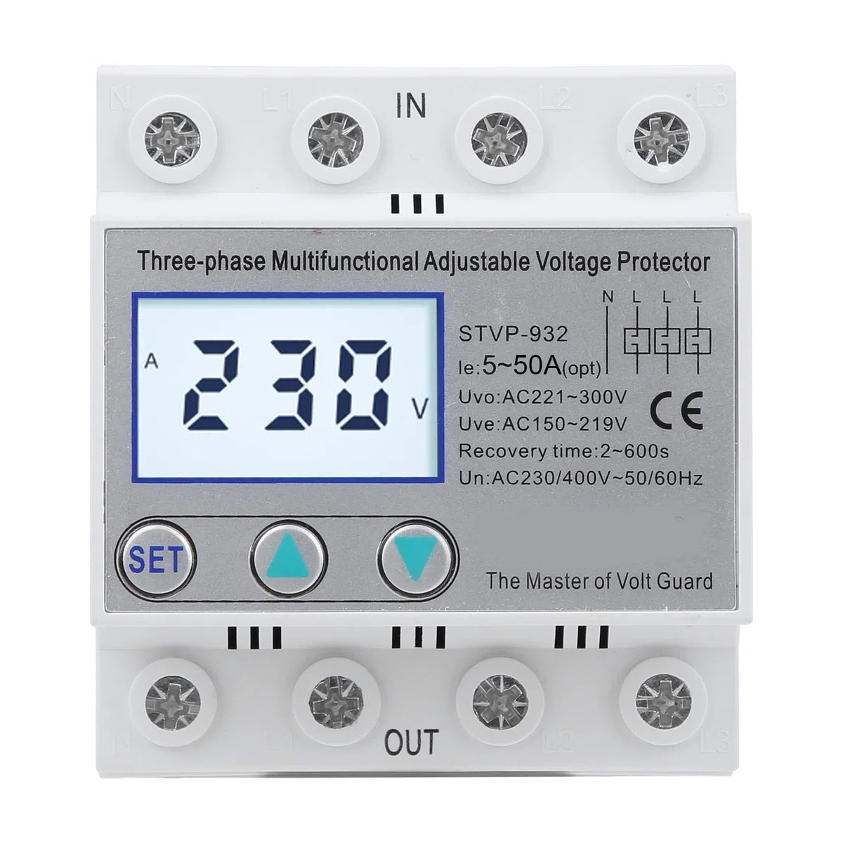 Protezione della tensione, protezione della tensione regolabile LCD trifase Multifunzione a ripristino automatico STVP-932 230 V / 400 V CA(50A)