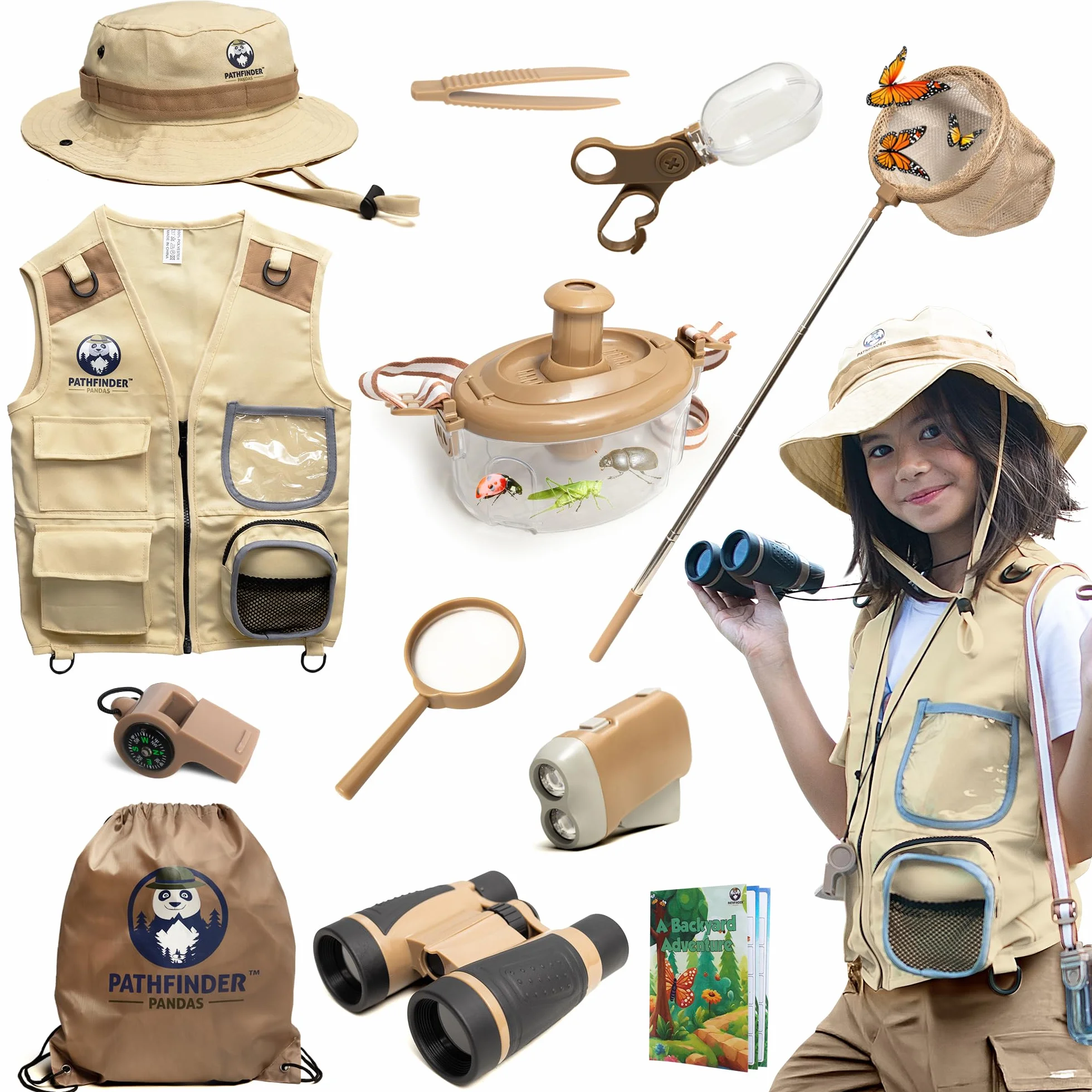 Kit Esploratore Bambini - Cappello Esploratore & Gilet, Binocolo Bambini, Bussola Bambini, Butterfly Kit, Insetti - Safari costume & Giocattoli da Esterno Per Ragazzi e Ragazze (3-7)