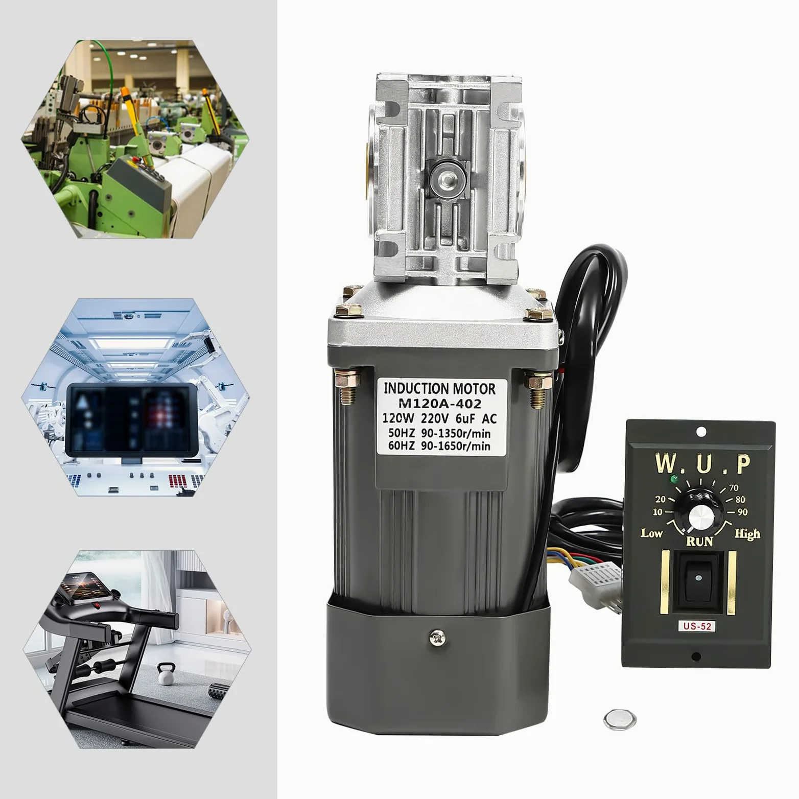 Motoriduttore a vite senza fine 120 W AC 220 V con regolatore di velocità, 90 – 1650 RPM, alta coppia motore elettrico riduttore 30K, velocità regolabile