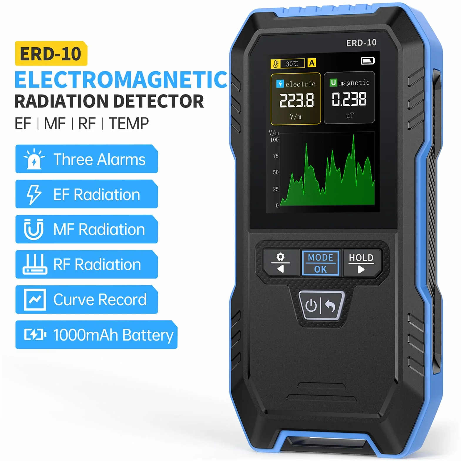 Rilevatore di Radiazioni ERD-10,3 in 1 Rilevatore di Radiazioni Elettromagnetiche Misura simultanea di EF, MF e RF,Allarme automatico al superamento dei limiti, display TFT a colori retroilluminato