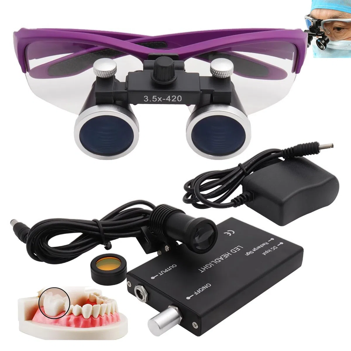 Lenti D'Ingrandimento Dentali 2,5X / 3,5X, Lenti D'Ingrandimento Binoculari Chirurgiche + Luce Frontale A Led Da 5W, Portatili Ultraleggere, Attrezzatura Da Laboratorio Per Dentista,Purple-3.5X