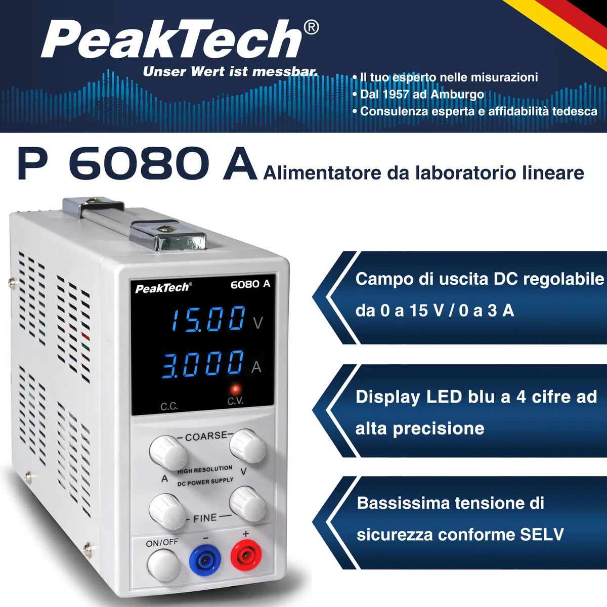 PeakTech 6080 A - Alimentatore da laboratorio 0–15 V / 0–3 A DC – Alimentatore professionale ad alta risoluzione con regolazione lineare, display a LED blu e protezione da bassissima tensione