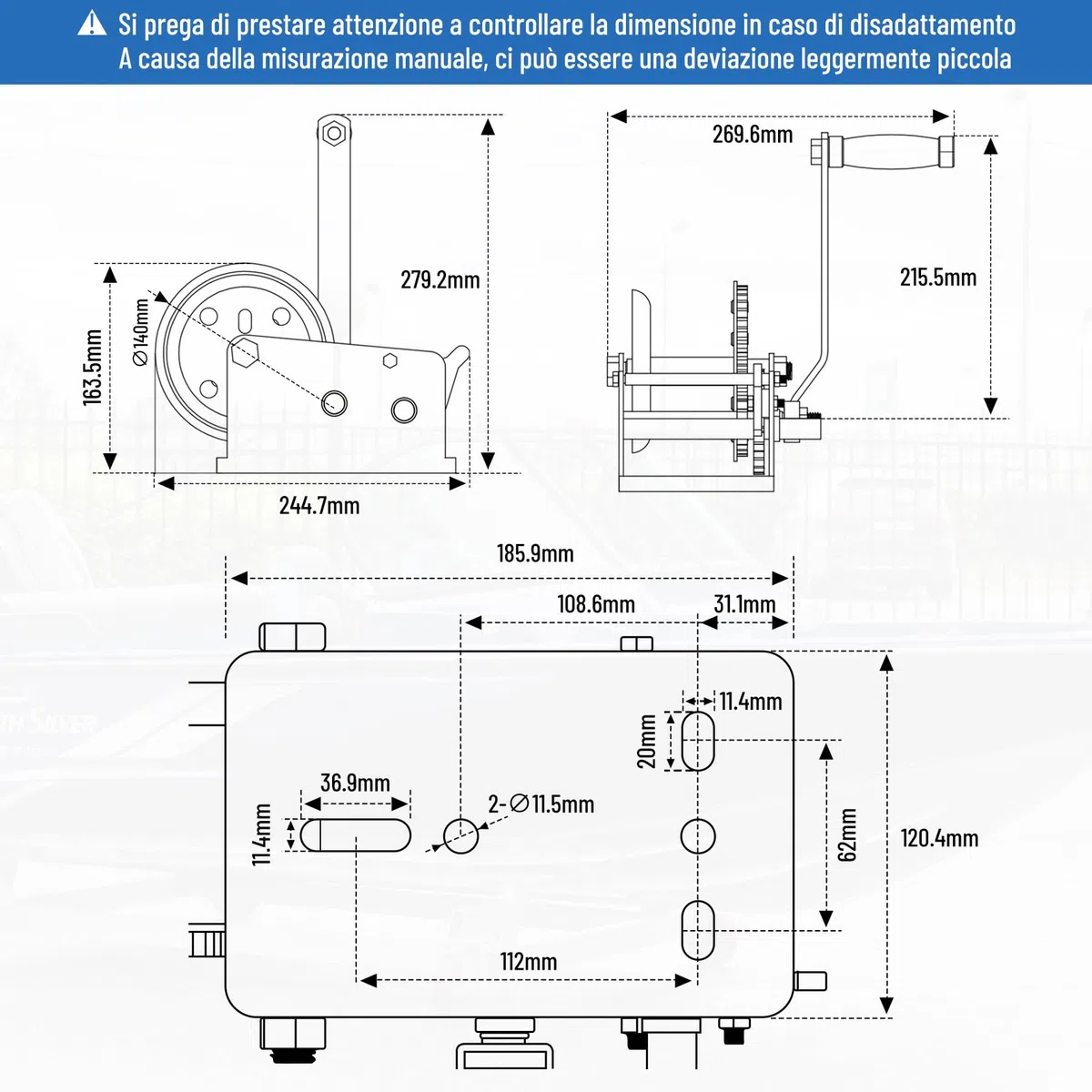 Pindex Verricello Manuale con Cinghia 10 M, Argano a Mano 1000 Kg con Cinghia, Verricello per Barca, Verricello a Mano con Blocco di Ritorno per Officina, Garage, Rimorchi, Dinghi, Legno