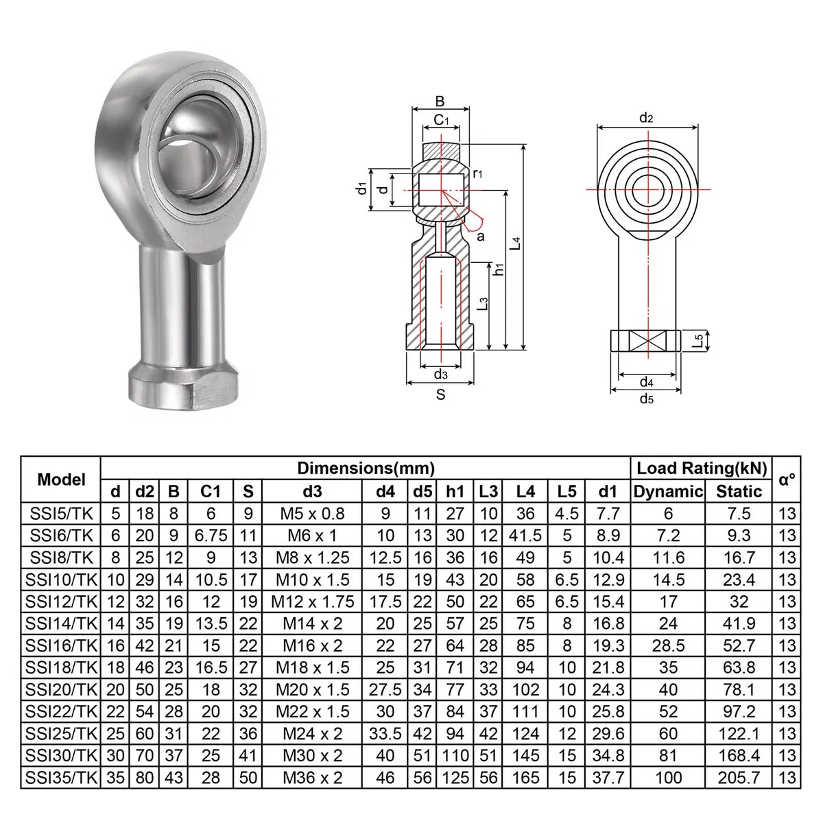 QUARKZMAN 4pz SSI8T/K Cuscinetto a Estremità a Snodo Femmina M8 Diametro e M8x1.25 Filettatura Destrorsa, Estremità Barre Articolazione in Acciaio Inossidabile, Include Dadi di Serraggio