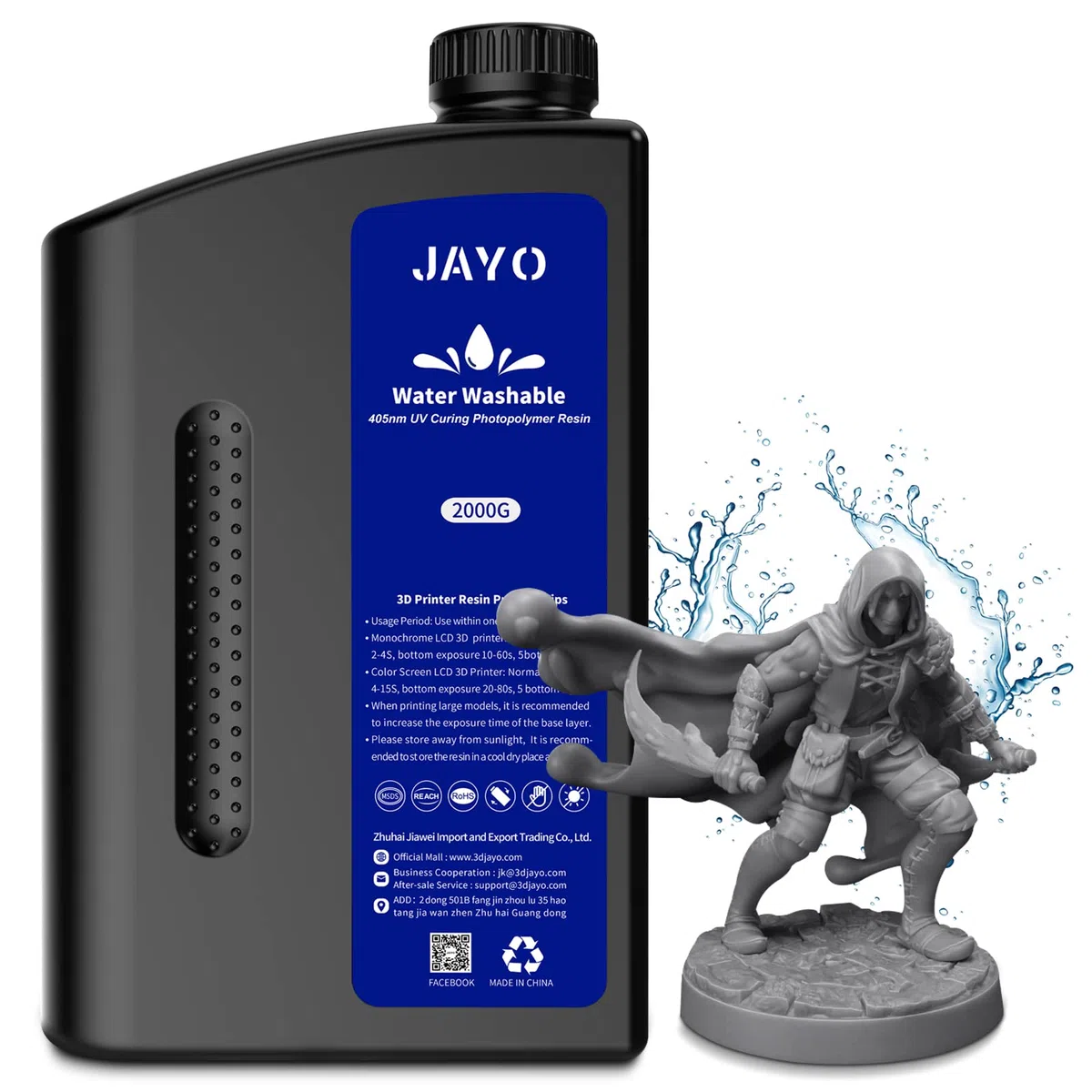 JAYO Resina per stampante 3D lavabile in acqua da 2 kg, resina 3D a polimerizzazione rapida per stampante 3D LCD/DLP/SLA 4K/6K/8K, resina standard a polimerizzazione UV 405nm, 2000g, Grigio Scuro