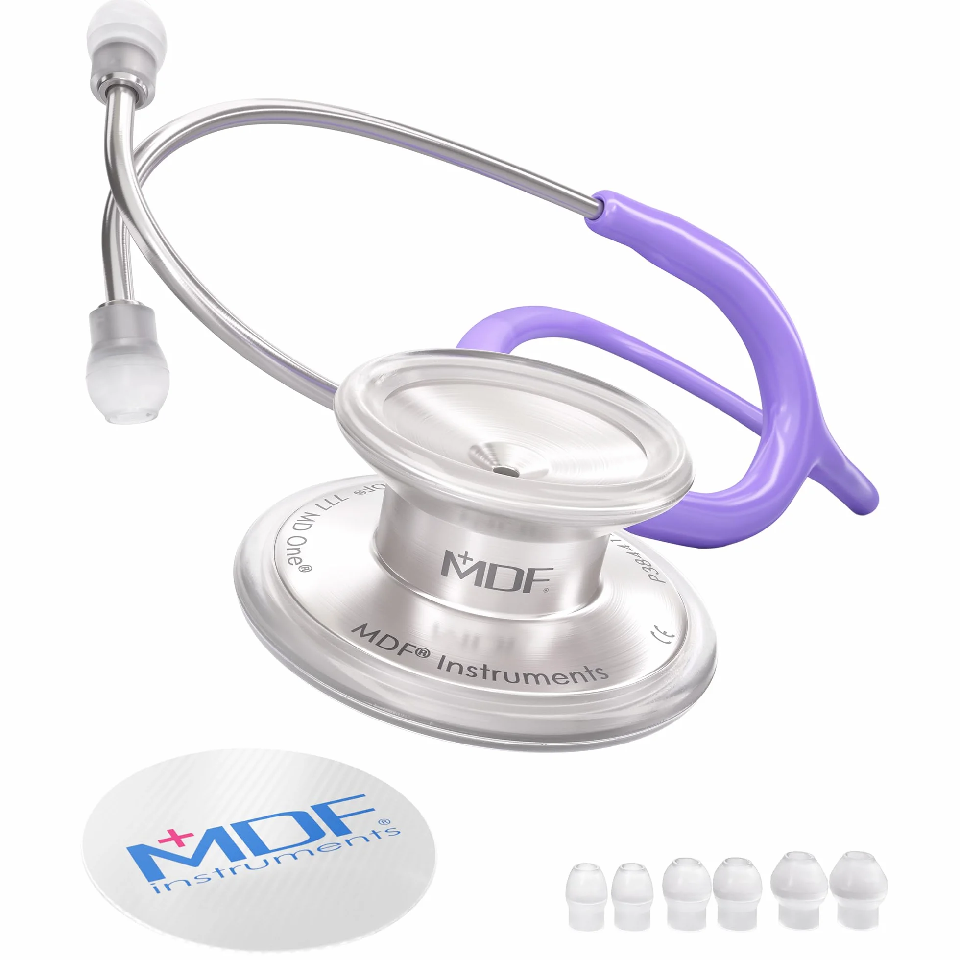 MDF Instruments, MD One Stetoscopio in Acciaio Inossidabile, Adulto, Tubo Viola Pastello, Garanzia a 30 anni, Testine/Argento, Modello MDF77707