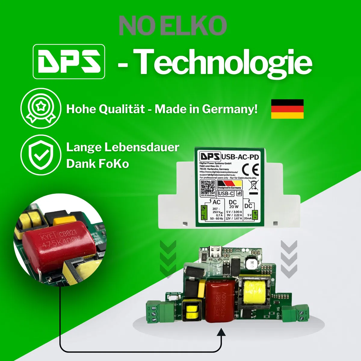 DPS – Alimentatore di rete USB-C 230 V AC, 20 W Power Delivery – 5 V/9 V/12 V – con protezione da cortocircuito e sovratensione – Qualità industriale