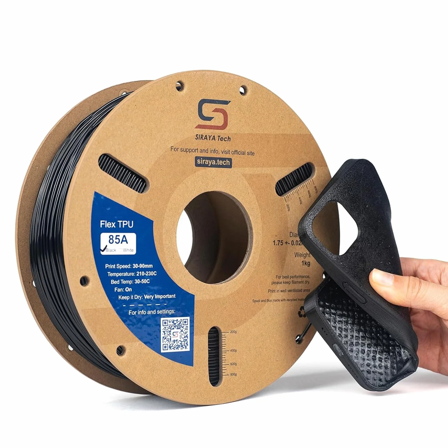 Siraya Tech Flex TPU Filamento - 85A Shore, ISO 10993, Alta Flessibilità e Resistenza, Alto Flusso e Velocità, Sacchetto in Alluminio Resistente all'Umidità - per Calzature e Protezioni (Nero, 1kg)