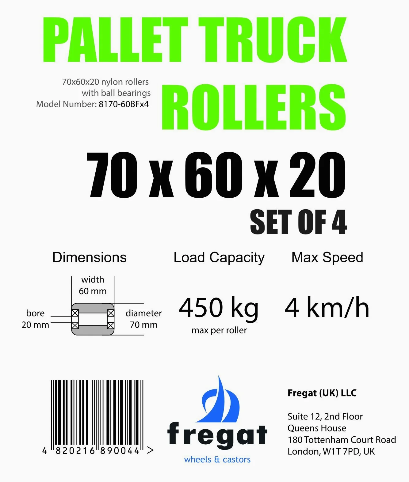 Rotelle per carretto per pallet, diametro di 70 mm, larghezza di 60 mm, ruote/rotelle per carico in nylon con cuscinetti a sfera, diametro di 20 mm, dimensioni 70 x 60 x 20 mm, 450 kg, confezione da 4