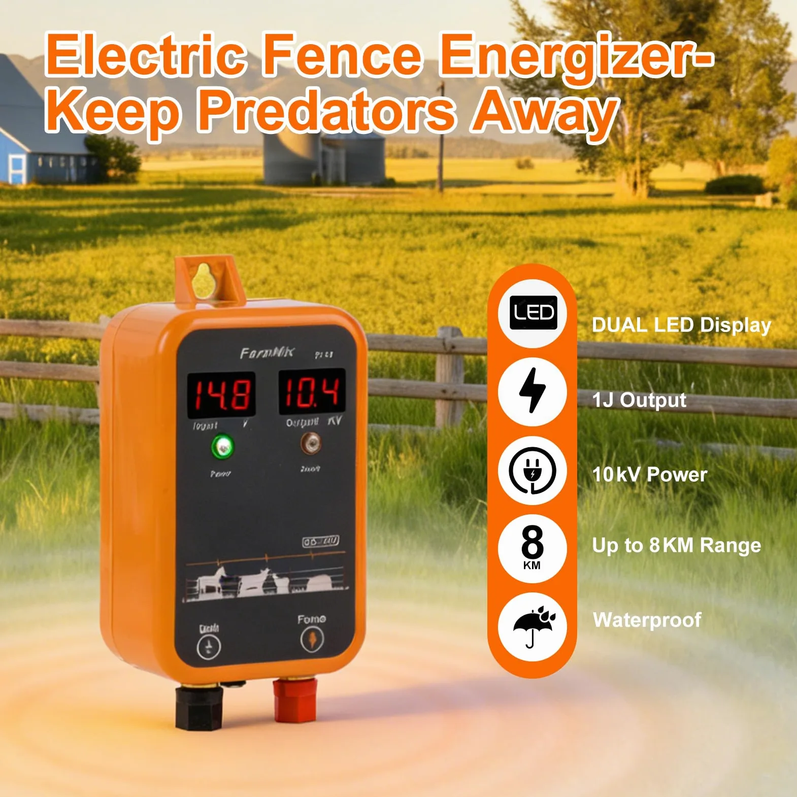 Elettrificatore Recinzione Elettrica 12V con display LED digitale, 1J 230V per portata 8 KM, per piccoli animali, pollame e animali domestici, ideale per giardino, fattoria e pascolo