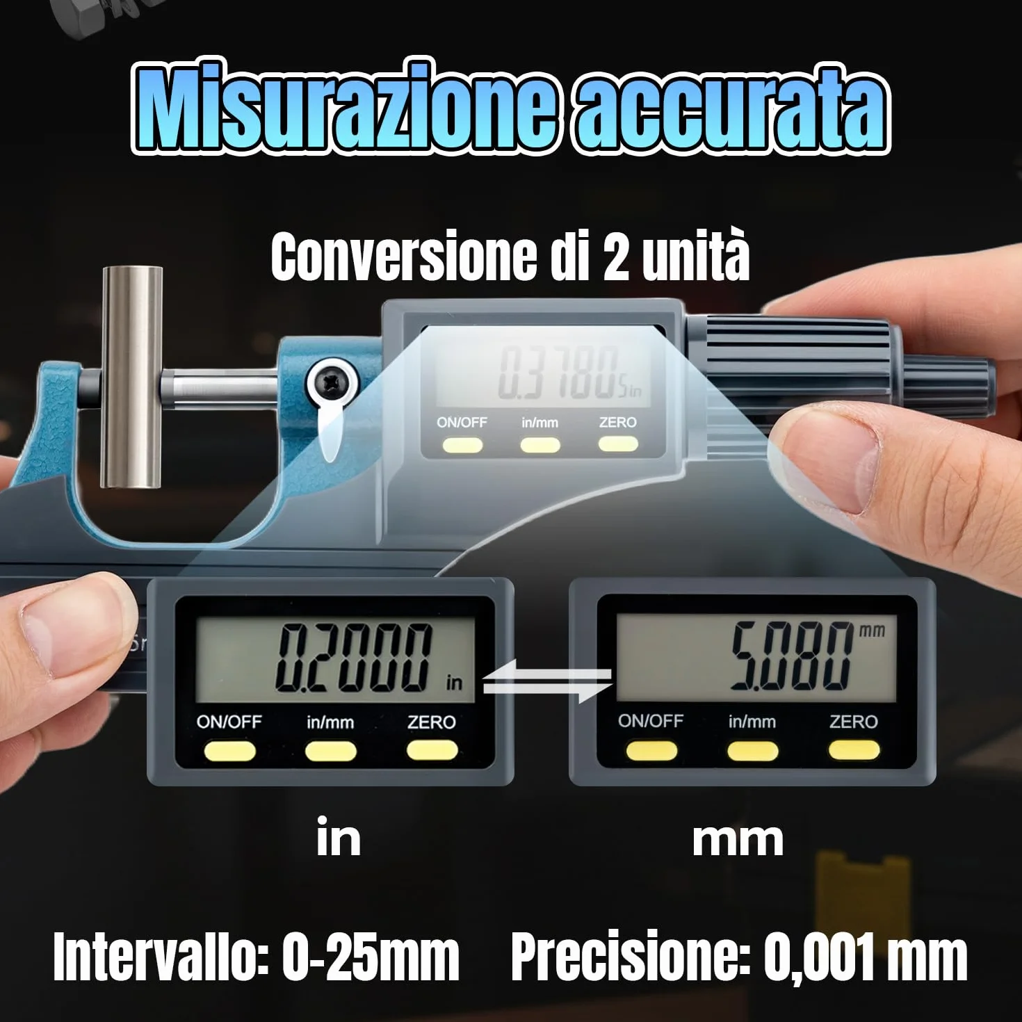 Micrometro Digitale 0-25mm Calibro Micrometrico Esterno Display LCD Risoluzione 0,001mm Conversione Metrica/Pollici