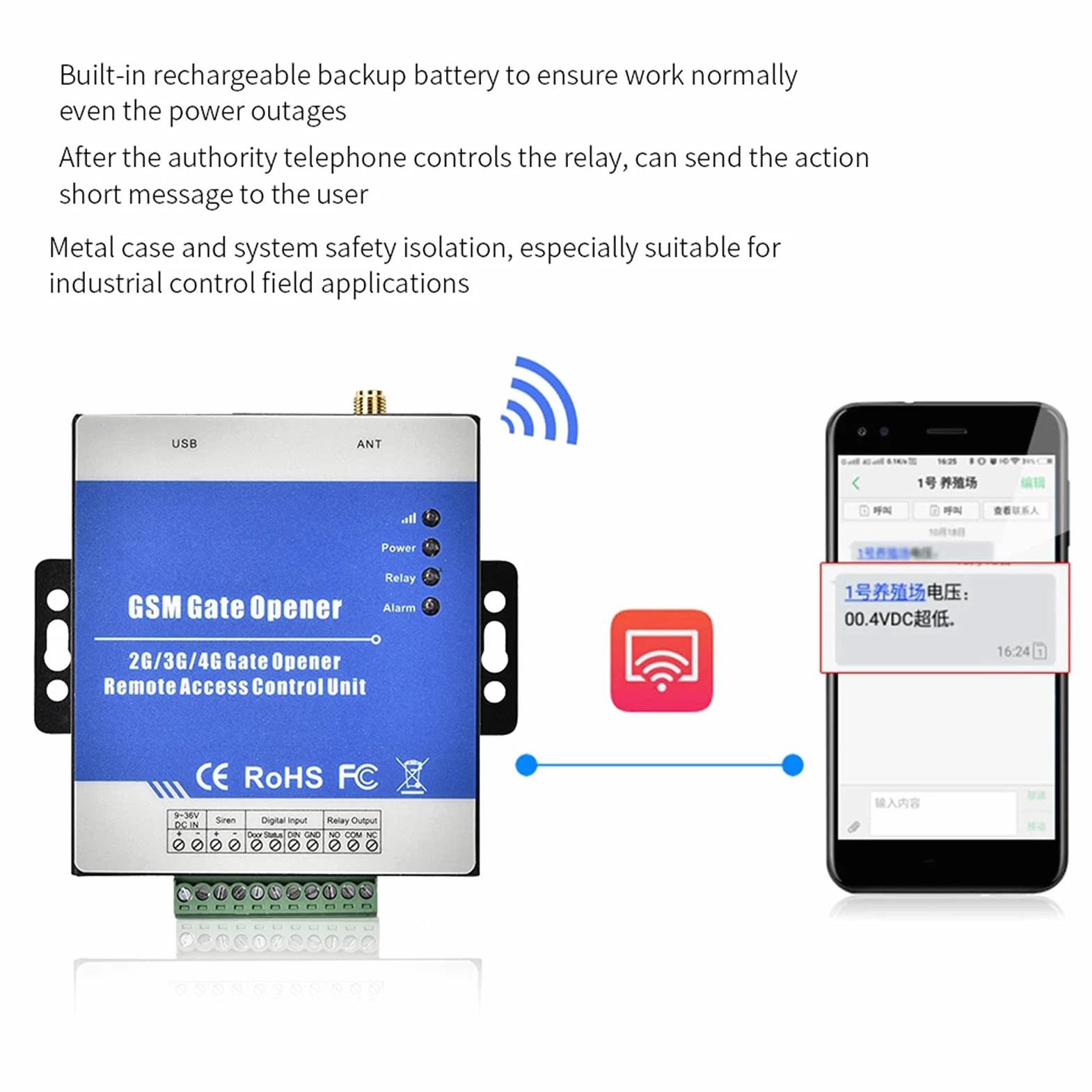 Apricancello GSM 100~240V, Telecomando Wireless RTU5025, DC 12V/1A, Controller di Accesso per Porta Garage 9 24V DC, Interruttore On/Off Remoto Chiamata Gratuita SMS per Porte(Unione Europea)