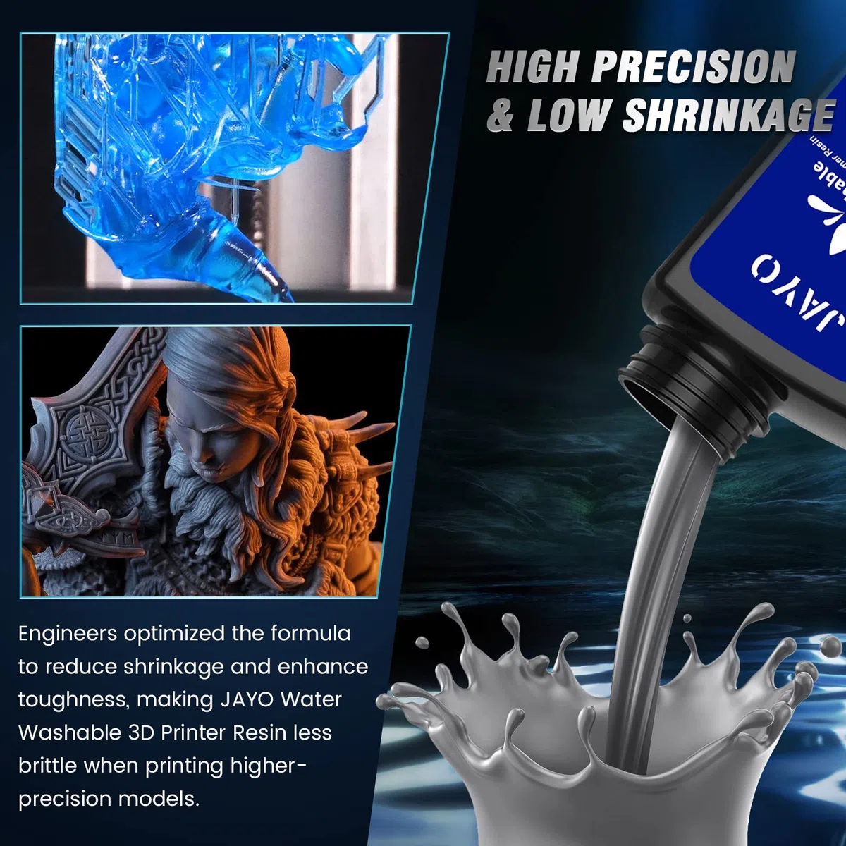 JAYO Resina per stampante 3D lavabile in acqua da 2 kg, resina 3D a polimerizzazione rapida per stampante 3D LCD/DLP/SLA 4K/6K/8K, resina standard a polimerizzazione UV 405nm, 2000g, Grigio Scuro