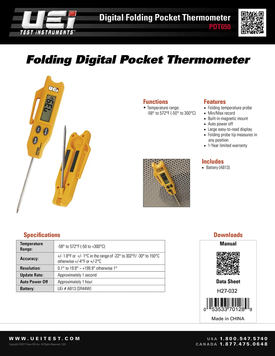 UEi Test Instruments PDT650 Termometro digitale tascabile pieghevole, giallo