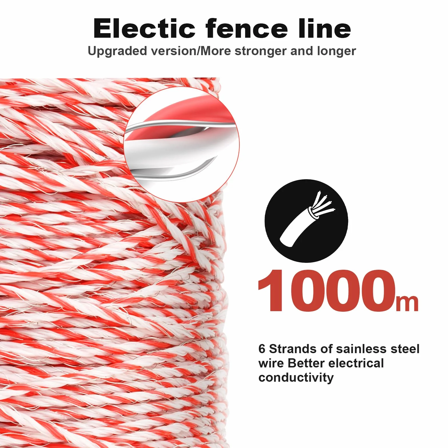 1000M Corda per Recinzione Elettrica, Recinzione di Filo Per Bestiame In Acciaio Inox Corda Conduttore Per Recinzione Elettrica Accessori per Recinzione (Rosso+Bianco, 1000M)