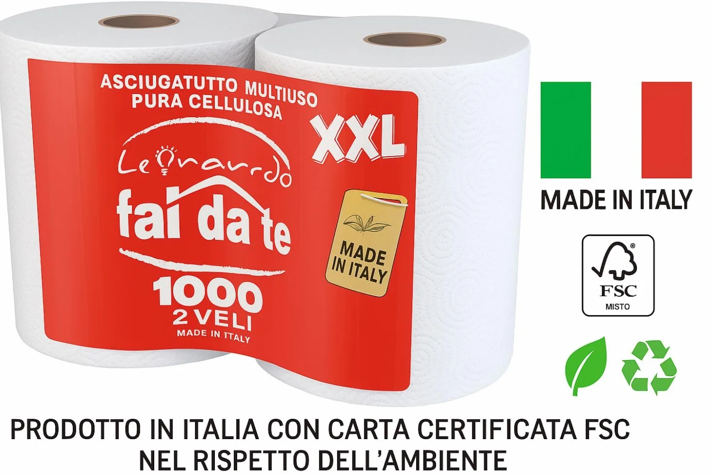 Leonardo Rotoloni Asciugatutto 1000 Strappi 2 Veli Pura Cellulosa Uso Alimentare Casalingo Industriale