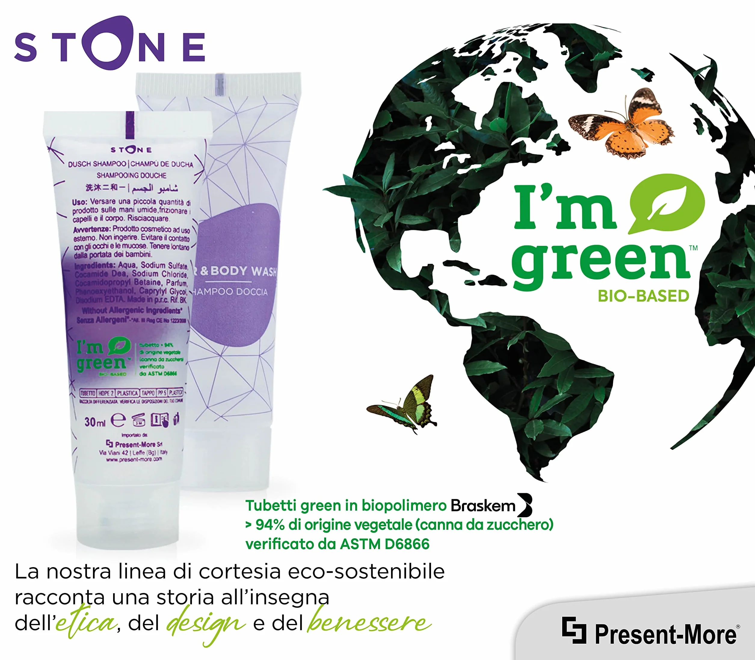 PRESENT-MORE - Doccia Shampoo 30ml Stone - Confezione da 125 Pezzi - Shampoo Doccia Monodose Senza Allergeni - Fragranza Relaxing - Ideale per Hotel e B&B
