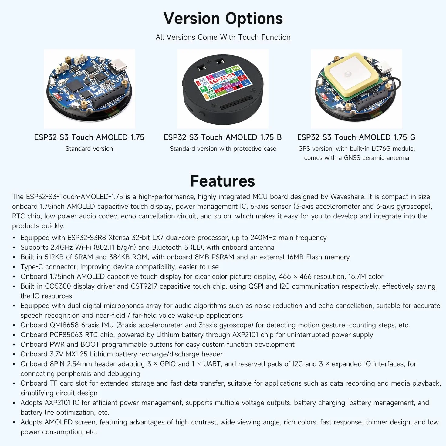 Waveshare ESP32-S3 1.75inch AMOLED Round Touch Display Development Board(with Case, No GPS), 32-Bit LX7 2-Core Processor, 466x466, QSPI Interface, Dual Digital Microphones Array, ESP32 With Display