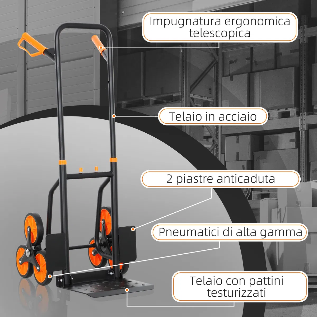 DURHAND Carrello Portapacchi per Scale 6 Ruote, Carrello Pieghevole, Portata 120kg, Carrello con Ruote Portatutto, Telaio Acciaio, Maniglia in PP, per Trasloco, Giardinaggio, Oggetti Pesanti Arancione