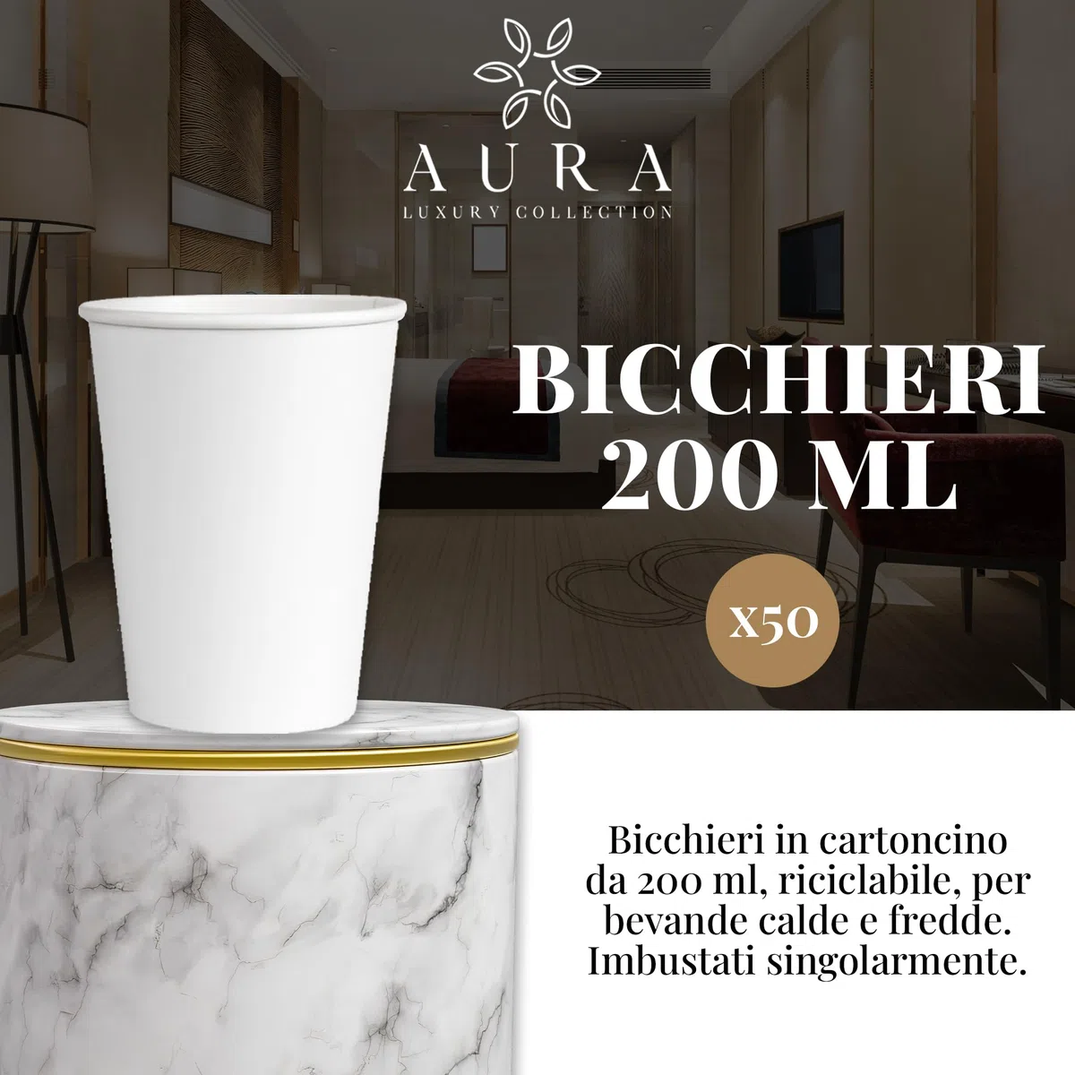 Aura Luxury Collection Kit Cortesia 250 pezzi: 70 flaconi doccia shampoo, 70 flaconi igiene intima, 40 cuffie, 50 bicchieri cartoncino imbustati, 20 paia di pantofole + OMAGGIO 500 fasce garanzia WC