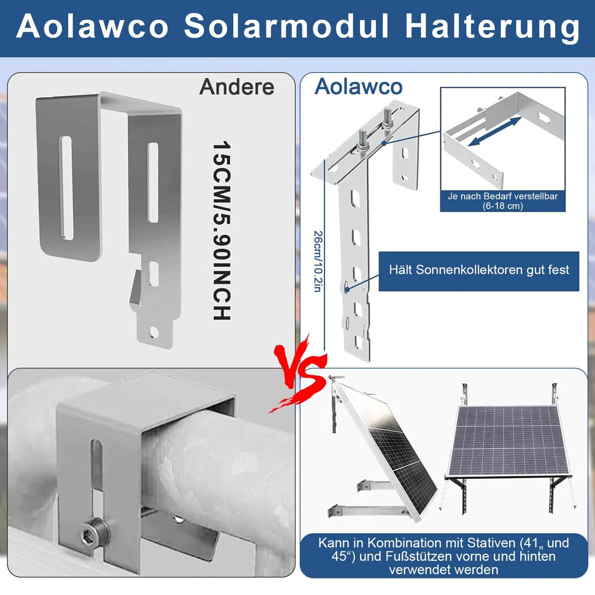 4 Pezzi Staffe per Pannelli Fotovoltaici - Supporto Pannello Solare, kit di Montaggio per Pannelli Solari Senza Fori, Per Balcone, Tetto