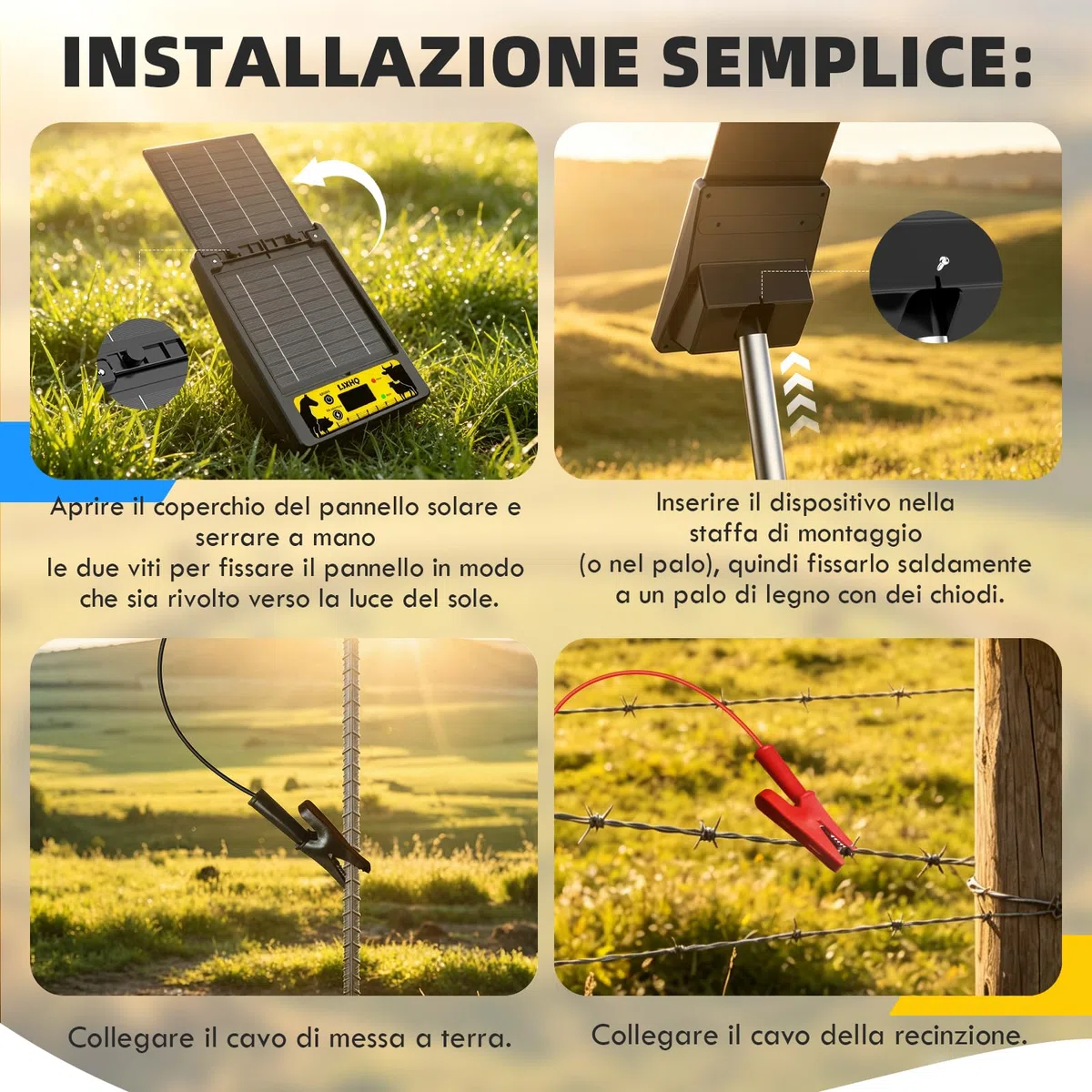Elettrificatore per Recinti Solare per Portata 32 KM, Batteria al Litio 18000mAh, Elettrificatore con Pannello Solare 10W, 0.3-2J, 6KV-12KV Regolabile, Protezione per Pollame, Bestiame (Nero)