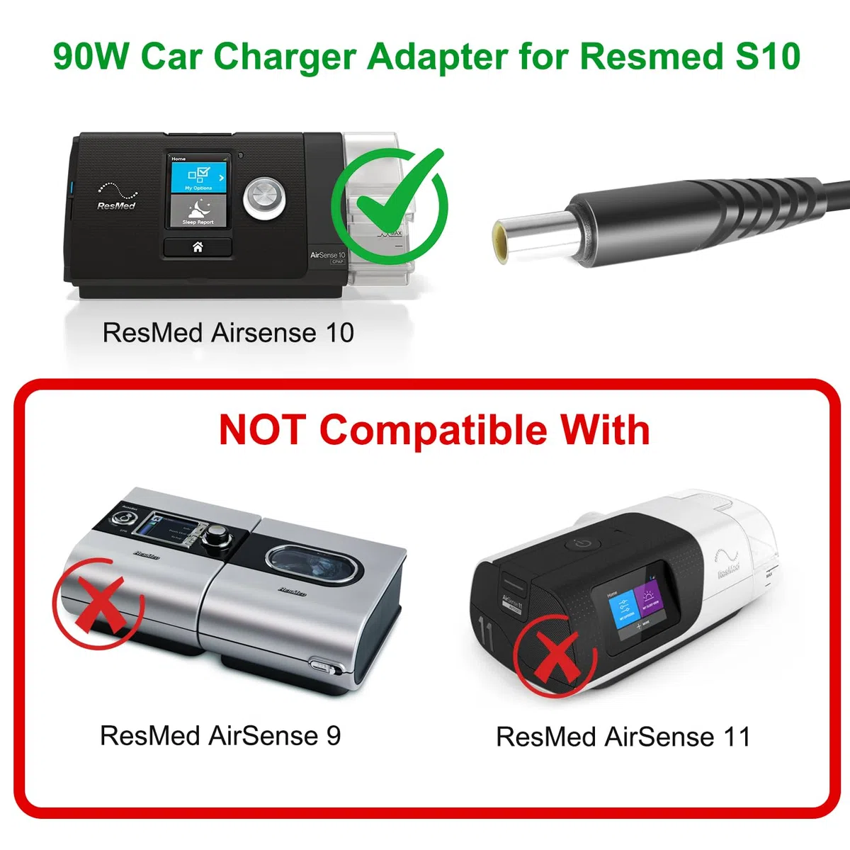 KFD 90W Caricabatteria da auto Per ResMed Airsense 10 Air Sense S10 Adattatore Alimentazione Caricatore 12-24V DC Caricatore Per Auto Resmed S10 370001 Resmed Alimentatore