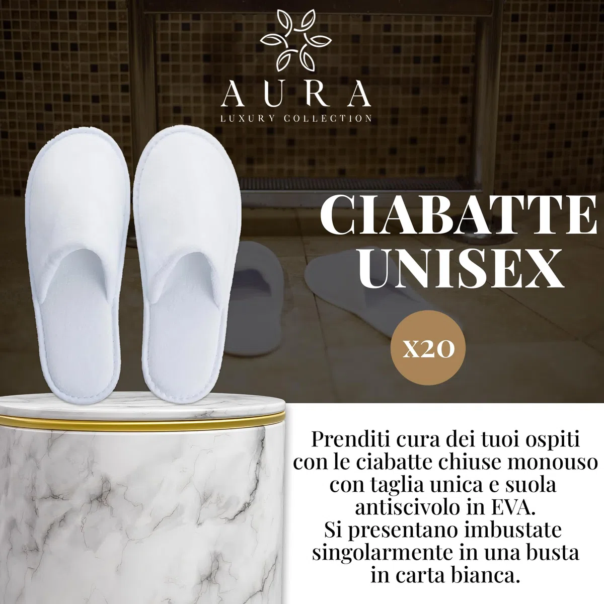 Aura Luxury Collection Kit Cortesia 250 pezzi: 70 flaconi doccia shampoo, 70 flaconi igiene intima, 40 cuffie, 50 bicchieri cartoncino imbustati, 20 paia di pantofole + OMAGGIO 500 fasce garanzia WC
