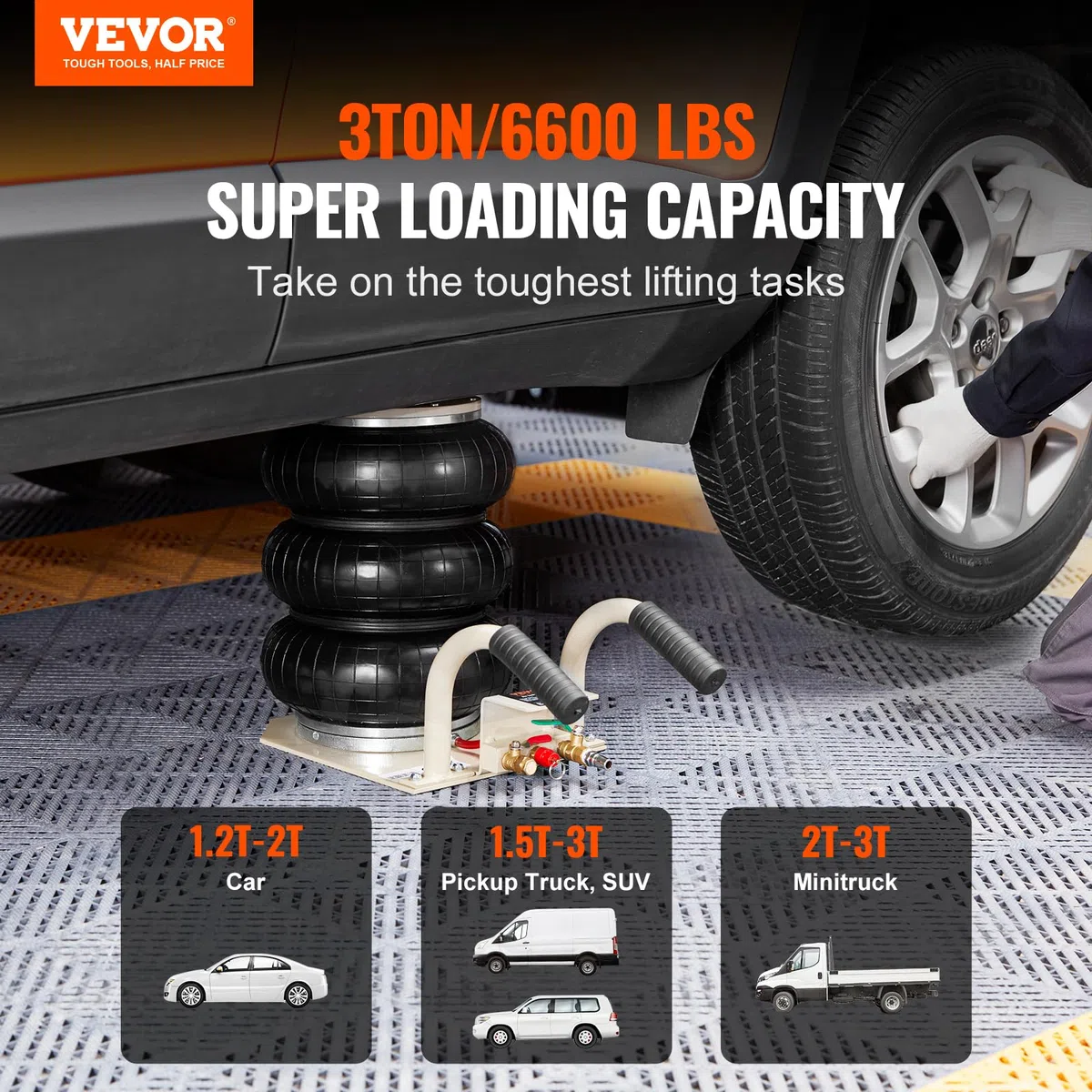 VEVOR Cric pneumatico portatile Triple Bag Air Jack 3 t, sollevatore d'aria a tre sacchetti, altezza di sollevamento: 140 – 450 mm, sollevatore d'aria airbag, sollevatore d'aria con manico corto,
