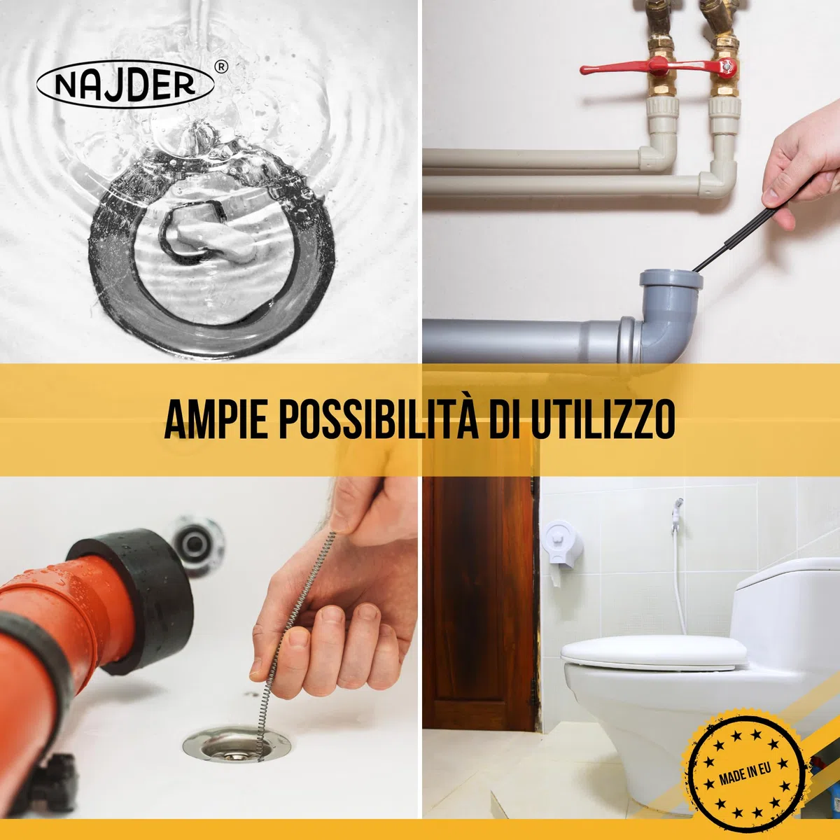 NAJDER Sbloccatore professionale di tubi con testa ad artiglio 9 mm x 20 m, spirale per la pulizia dei tubi, sblocco dello scarico, sonda di sblocco per lavello della cucina, vasca da bagno