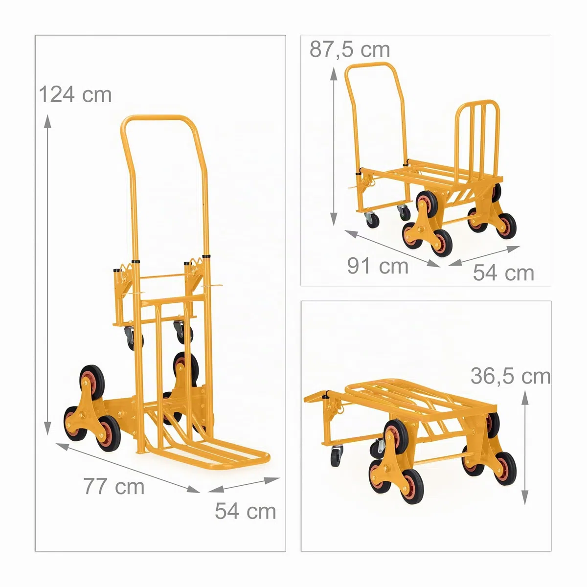 Relaxdays Carrello Portapacchi per Scale, Carrellino da Trasporto Trolley Saliscale capacità di Carico 50/150 kg, Giallo
