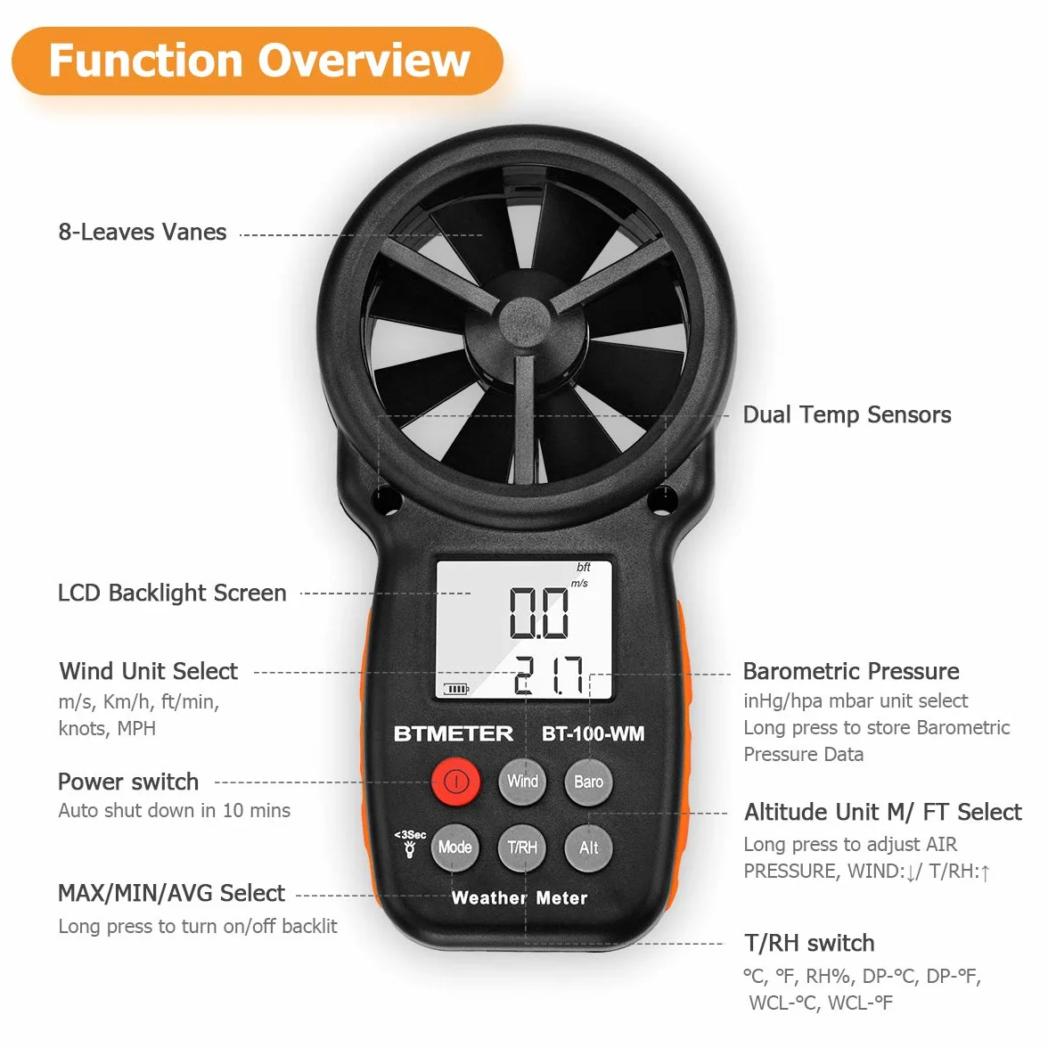 BTMETER BT-100WM Barometro Anemometro Digitale Palmare Temperatura Vento Freddo Umidità Altitudine Pressione Barometrica