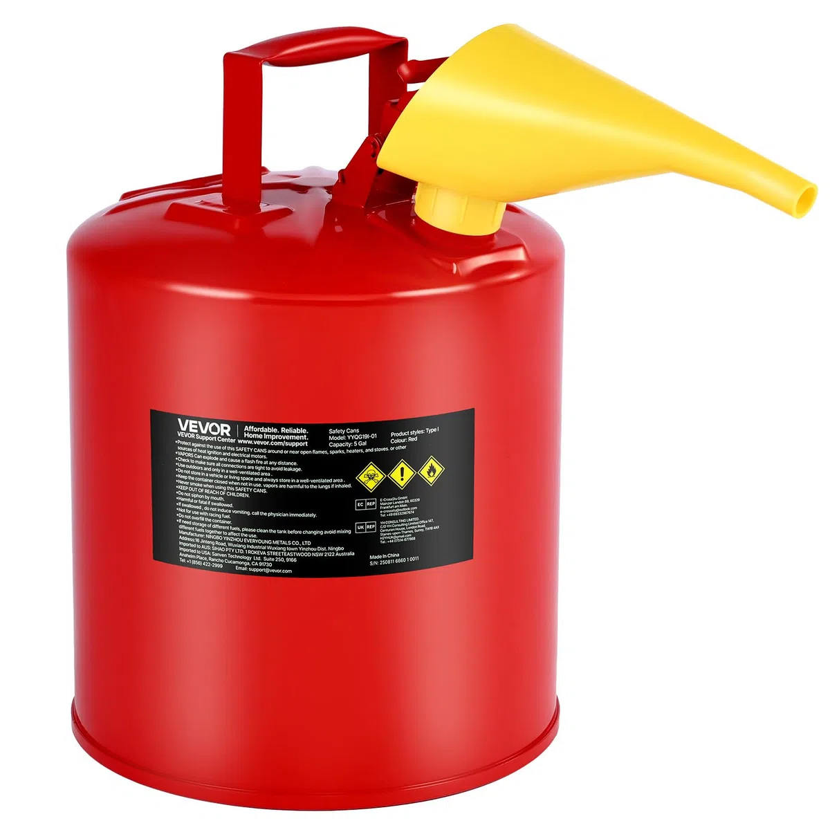 VEVOR Tanica di Sicurezza per Benzina Tanica di Sicurezza Rossa da 19 Litri di Tipo I per Benzina con Parafiamma in Acciaio Inossidabile, Coperchio a Chiusura Automatica e Imbuto in PE