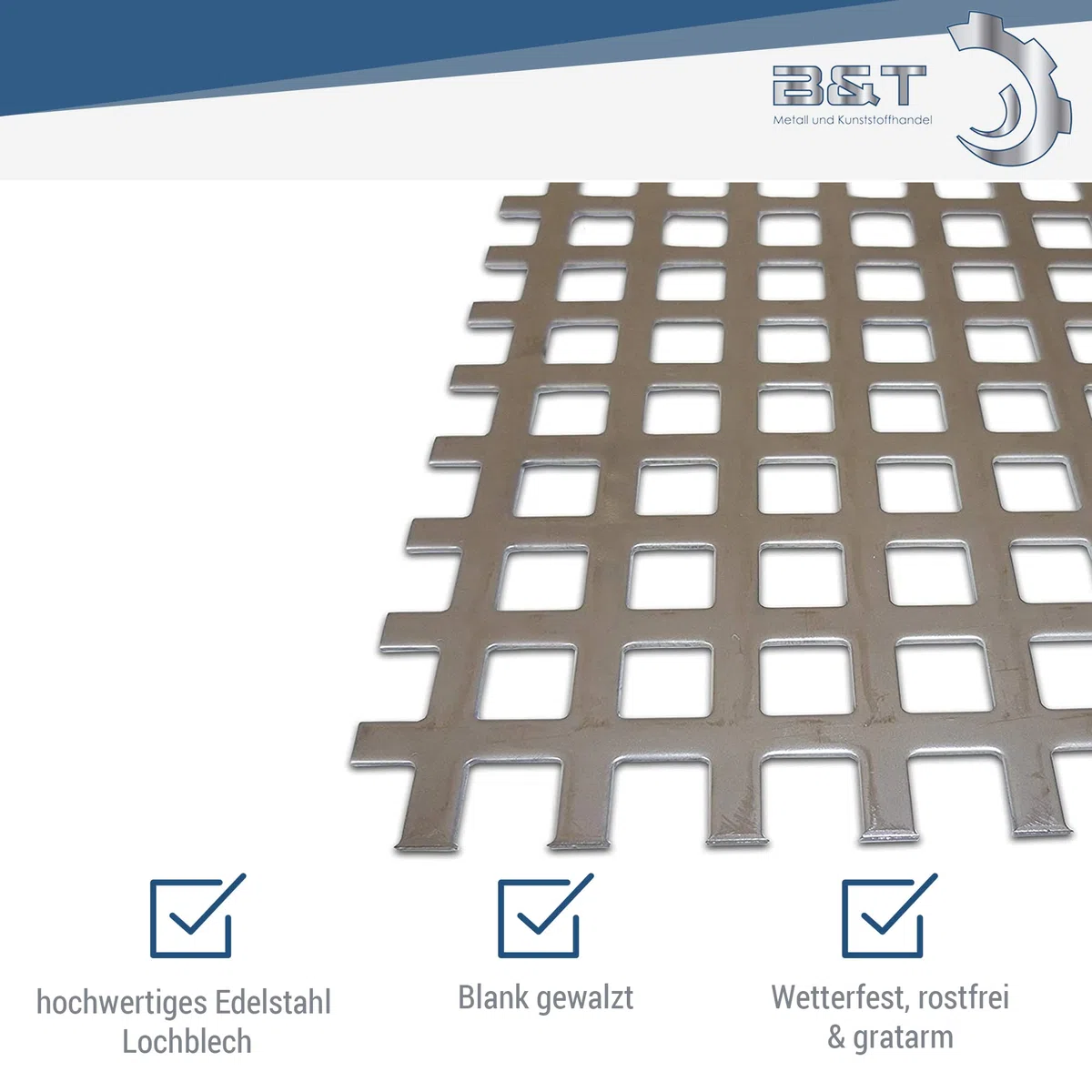 B&T Metall - Lamiera perforata in acciaio inox con fori quadrati 10 x 10 mm, spessore 1,5 mm, dritta, QG 10-15