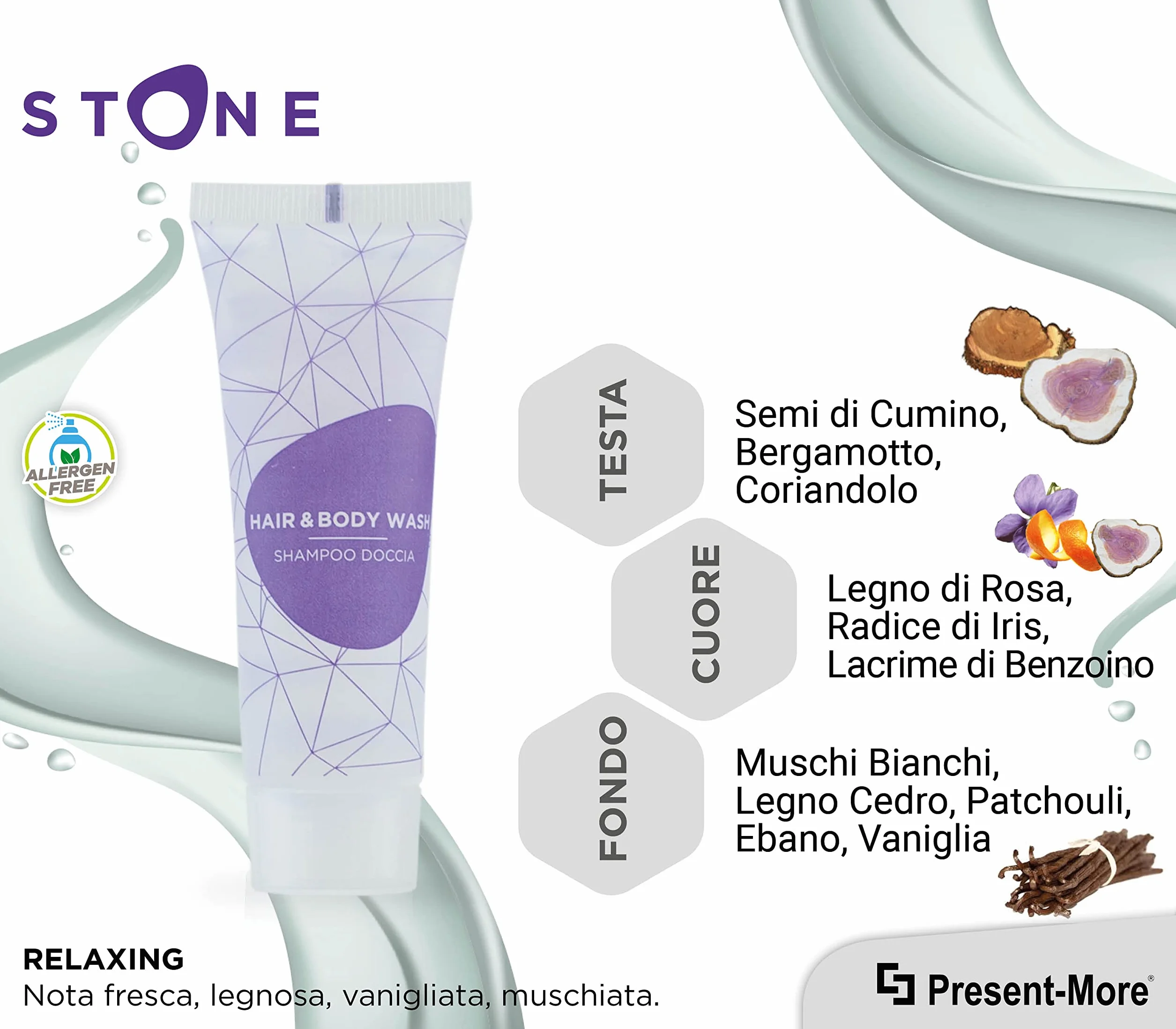 PRESENT-MORE - Doccia Shampoo 30ml Stone - Confezione da 125 Pezzi - Shampoo Doccia Monodose Senza Allergeni - Fragranza Relaxing - Ideale per Hotel e B&B