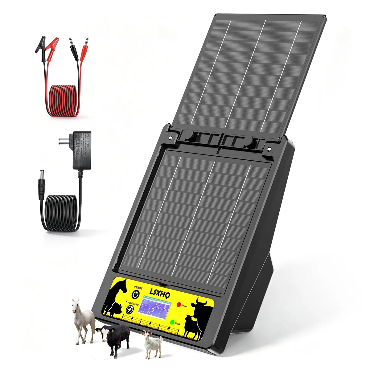 Elettrificatore per Recinti Solare per Portata 32 KM, Batteria al Litio 18000mAh, Elettrificatore con Pannello Solare 10W, 0.3-2J, 6KV-12KV Regolabile, Protezione per Pollame, Bestiame (Nero)