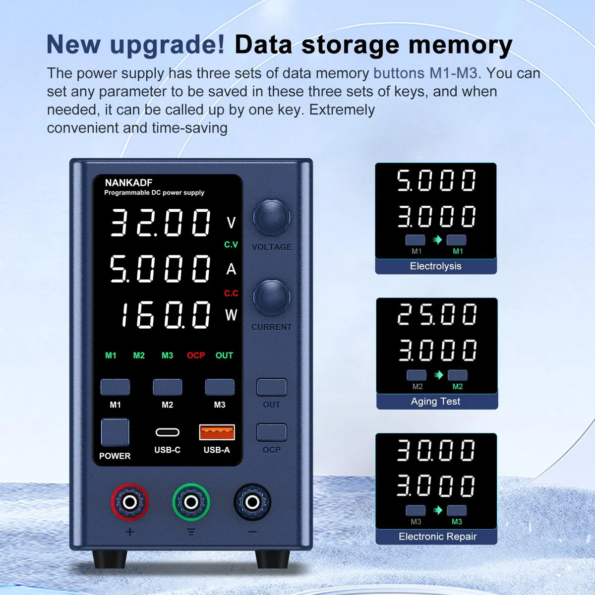 Alimentatore da Banco 0-32V/0-5A, Alimentatore da Laboratorio Regolato ad alta Precisione Display a LED a 4 cifre, con Controllo Encoder e Memoria dati
