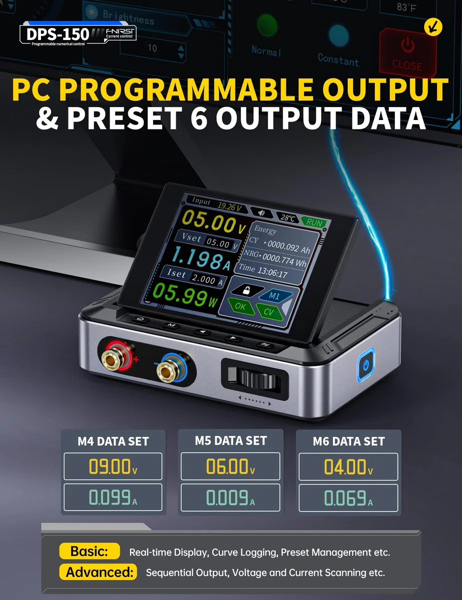 FNIRSI Alimentatore DC DPS-150 variabile, alimentatore CNC DC regolabile 30V 5A con display IPS a 4 cifre, ondulazione di alimentazione <20mV, ingresso PD/QC/DC, alimentatore switching programmabile