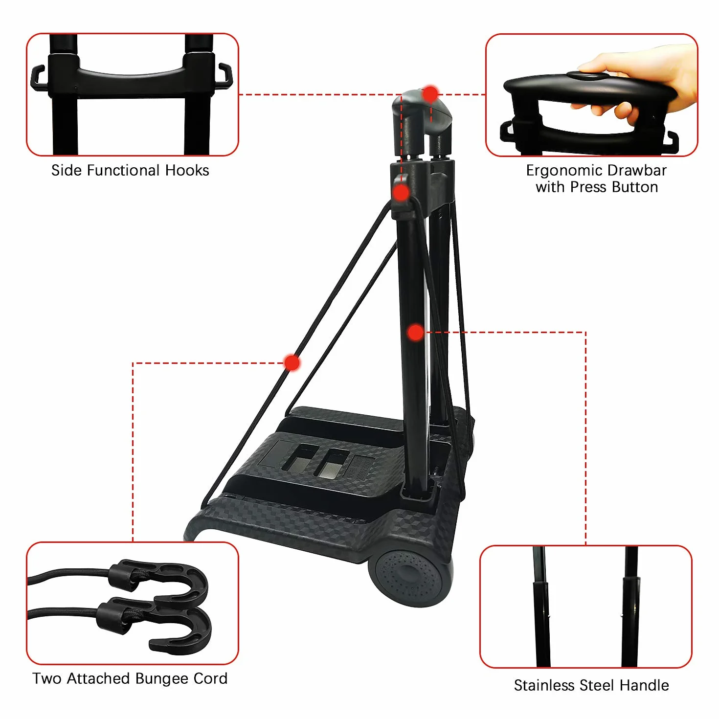 Carrello manuale pieghevole 40 kg con ruote silenziose e timone regolabile portatile compatto