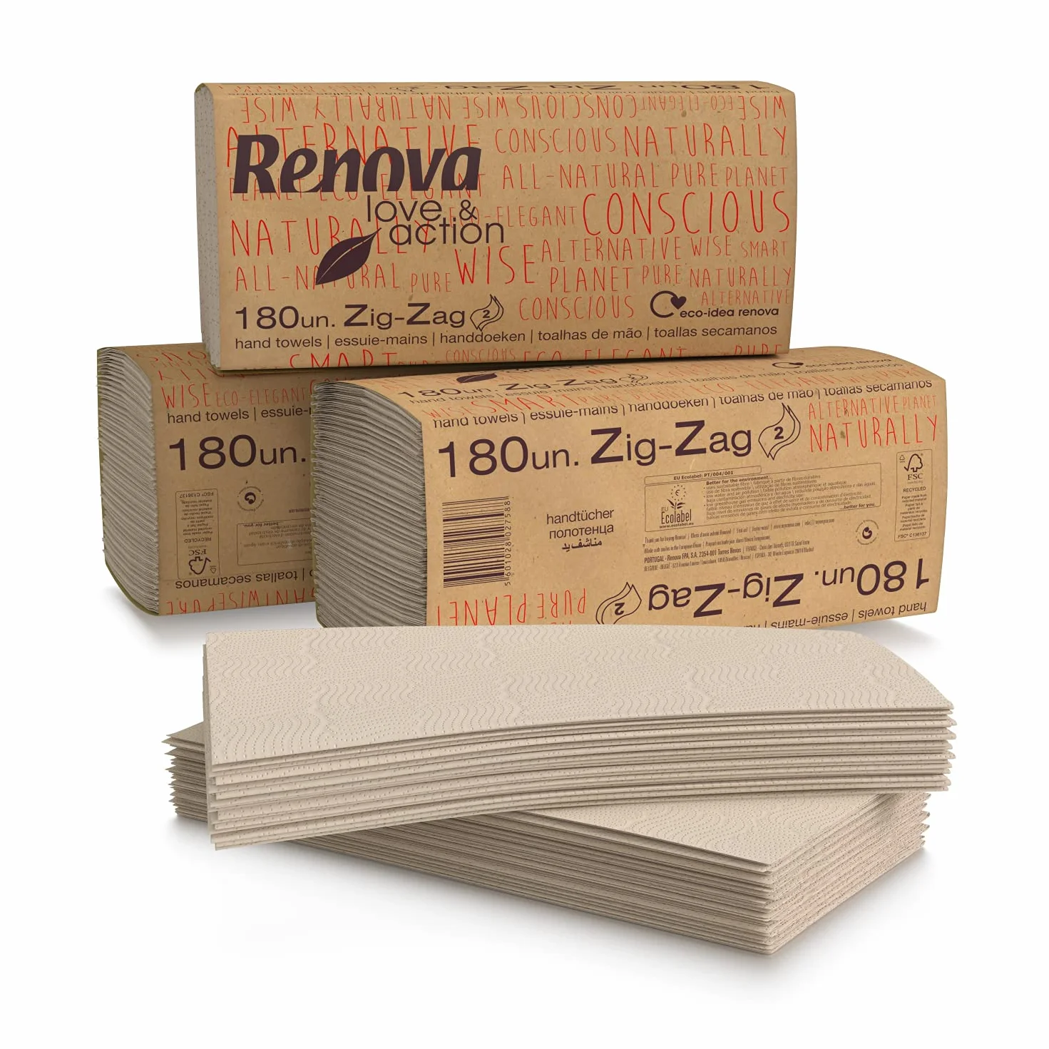 Renova Asciugamani Zig-Zag Love&Action 15 confezioni 2.700 pezzi Carta Kraft ecologica 2 strati FSC Ecolabel