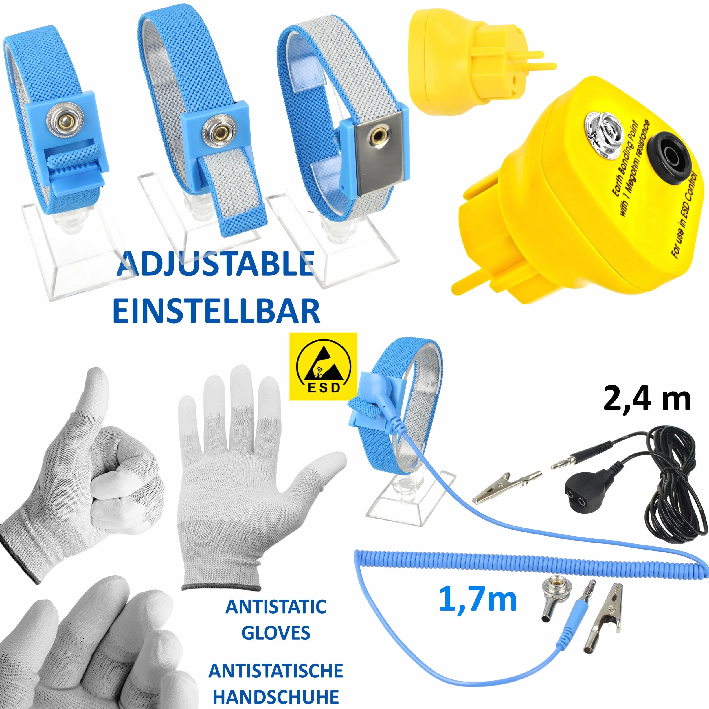 Set ESD 60 x 60 cm, tappetino da lavoro antistatico, tappetino da tavolo, portatile, pieghevole, spina di terra, manicotto + cavo di messa a terra + guanti ESD, protezione da danni da scarica