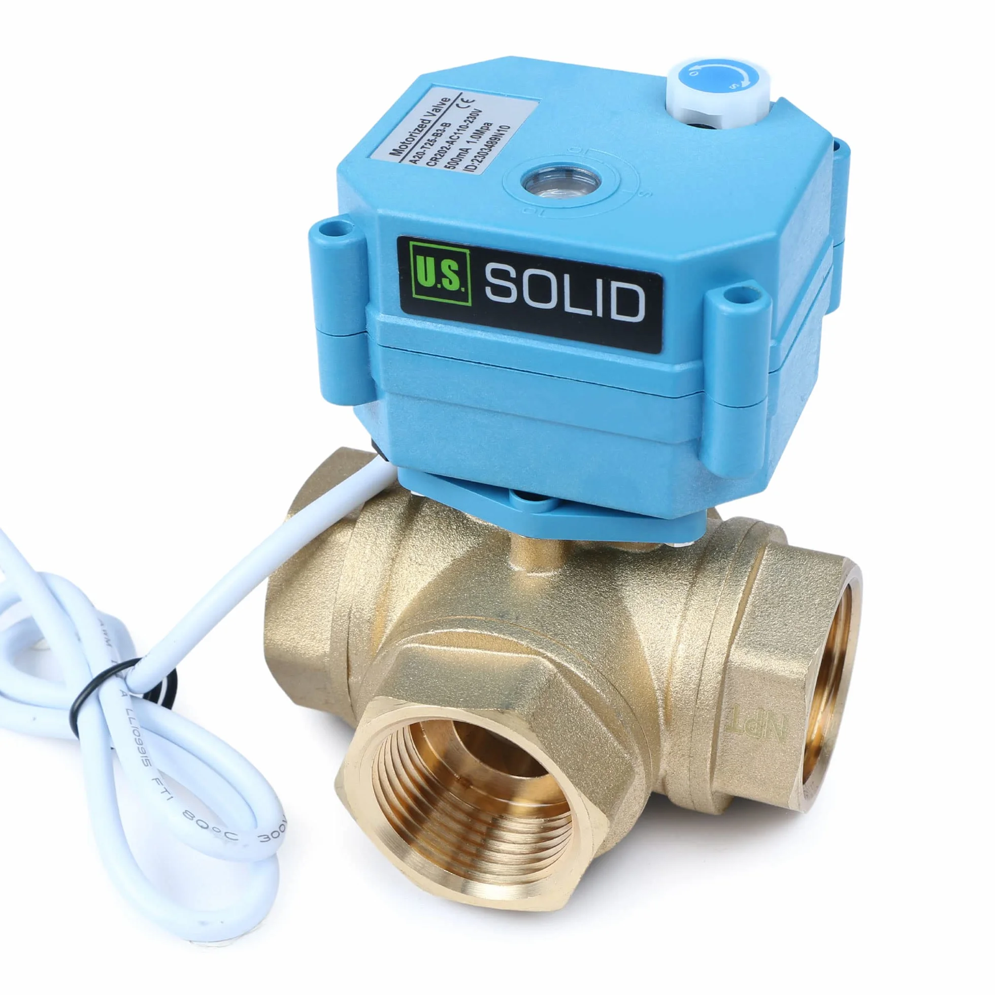 U.S. Solid Valvola a sfera motorizzata a 3 vie in ottone – Tipo L, funzione manuale, portata standard (1", AC 110–230 V)