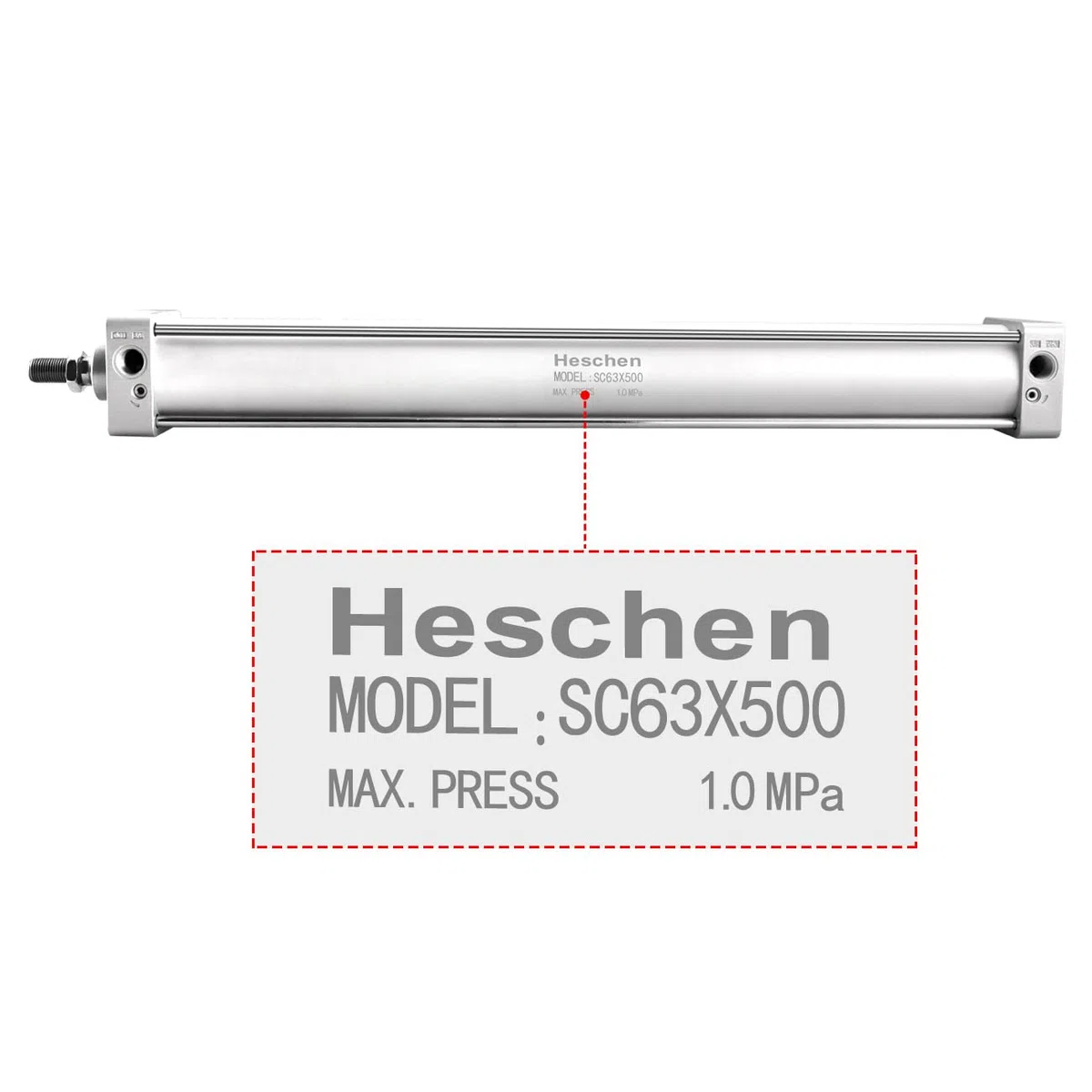 Heschen Cilindro Pneumatico Standard, SC 63-500, PT3/8'' Porta, Alesaggio 63mm, Corsa 500mm, Doppio Effetto