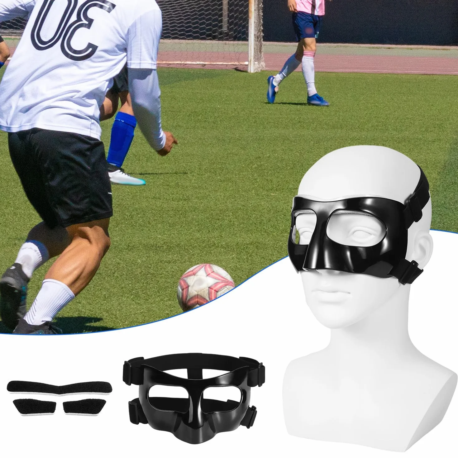 Protezione per Naso Rotto, 15x9,5cm Visiera Regolabile con Cuscinetti, Maschera per Allenamento Sportivo, Nero