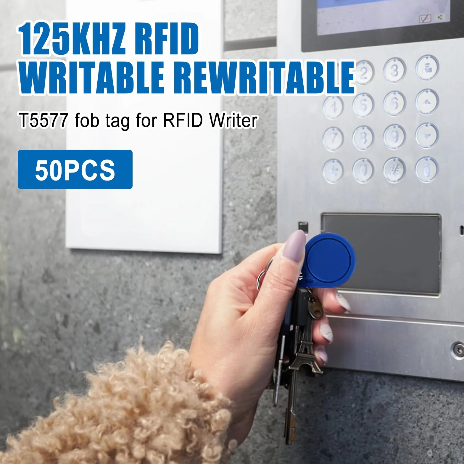 50 pezzi di portachiavi RFID di prossimità riscrivibili da 125 kHz, blu, T5577, tag portachiavi RFID riscrivibili, token NFC utilizzati per copiare/clonare carte