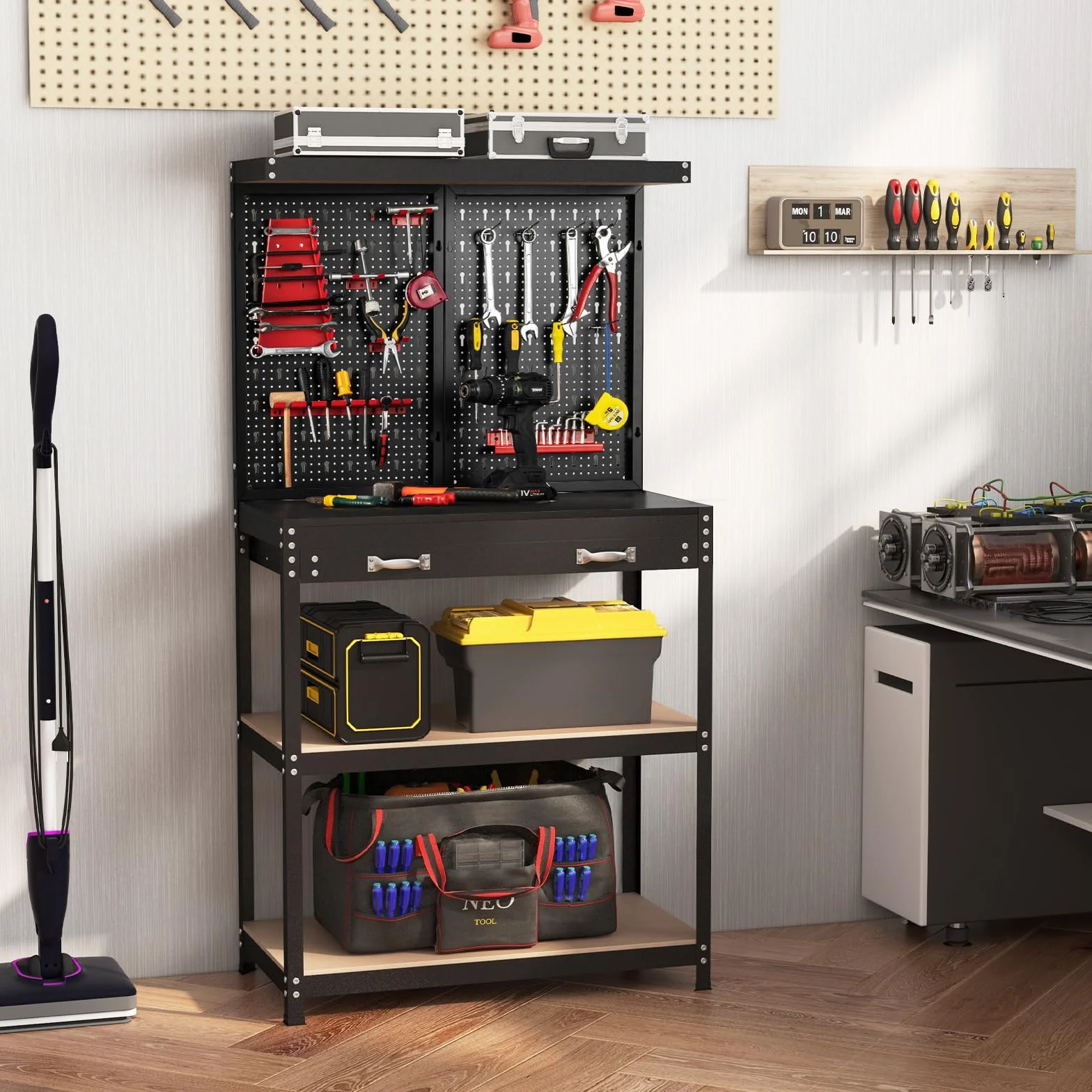 FANTASK Banco da lavoro alto 155 cm, banco attrezzi con parete forata e 13 accessori, tavolo da lavoro con cassetto