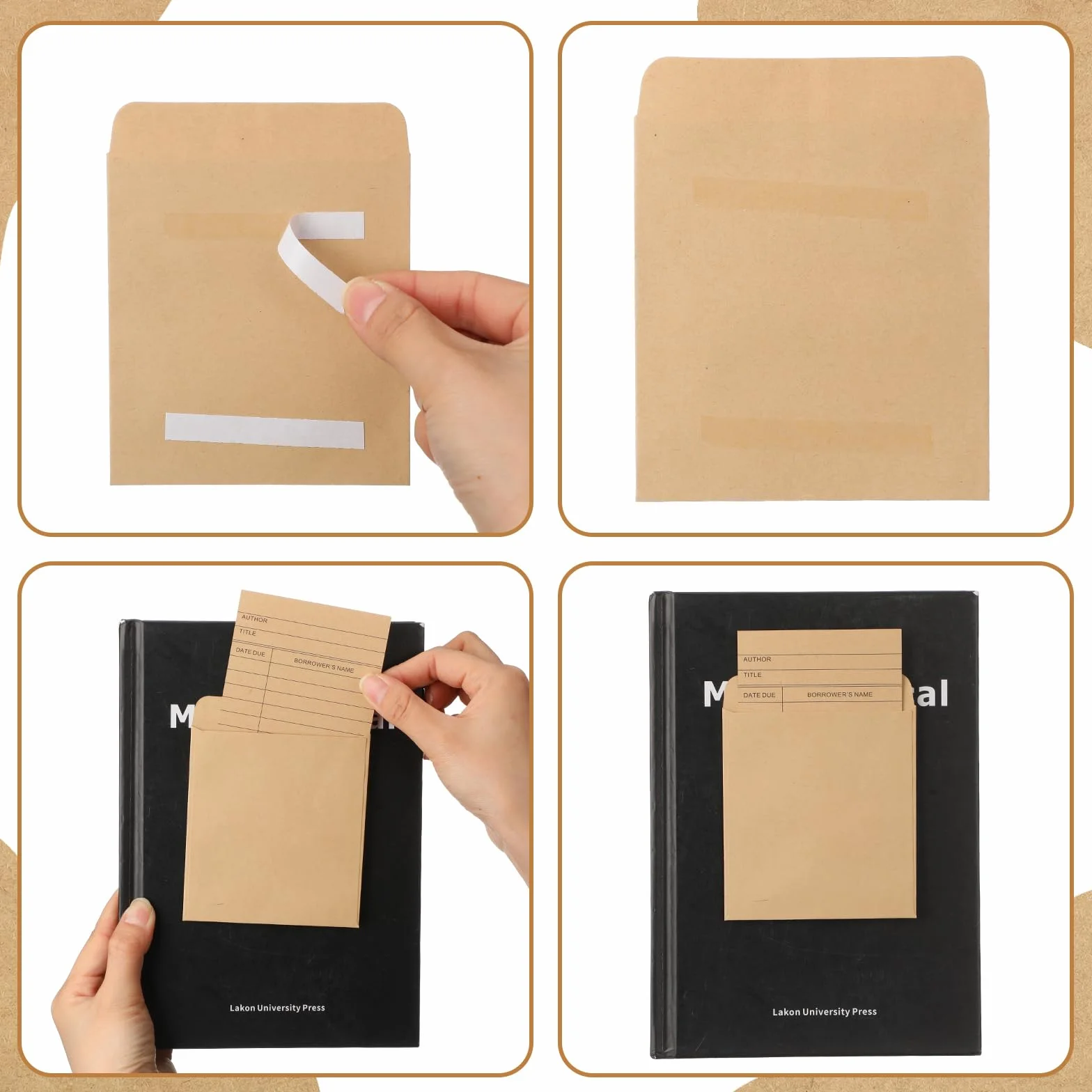 Fainne 100 tasche per biglietti da biblioteca con buste, autoadesive, per libri, biblioteca, pagamenti, CD, DVD, scuola, aula e ufficio, etichette regalo (marrone)