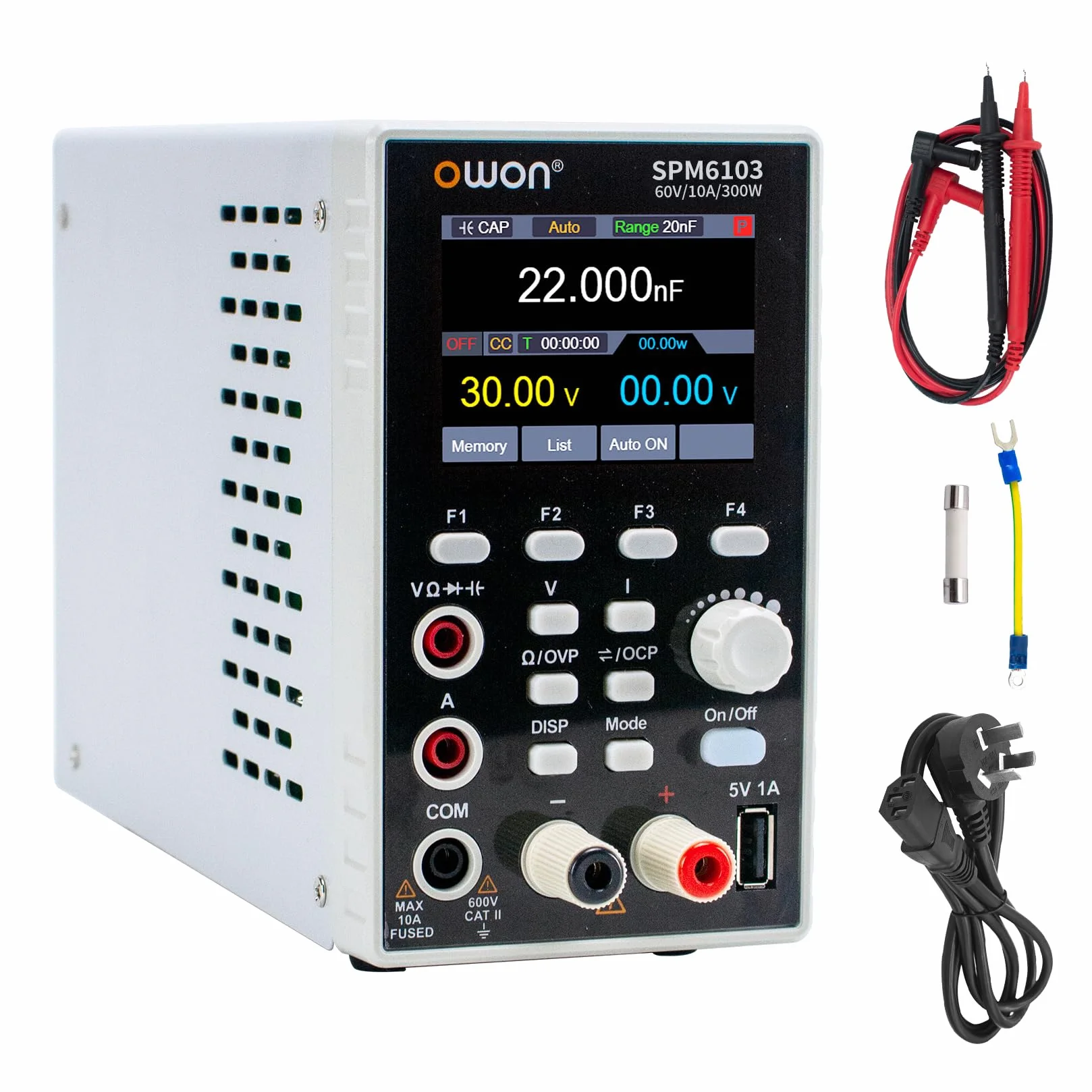 OWON SPM6103 Alimentatore da Laboratorio 2 in 1 DC e Multimetro (0-60 V, 0-10 A) - Programmabile Con Potenza di Uscita 300 W, Display LCD 2,8 Pollici