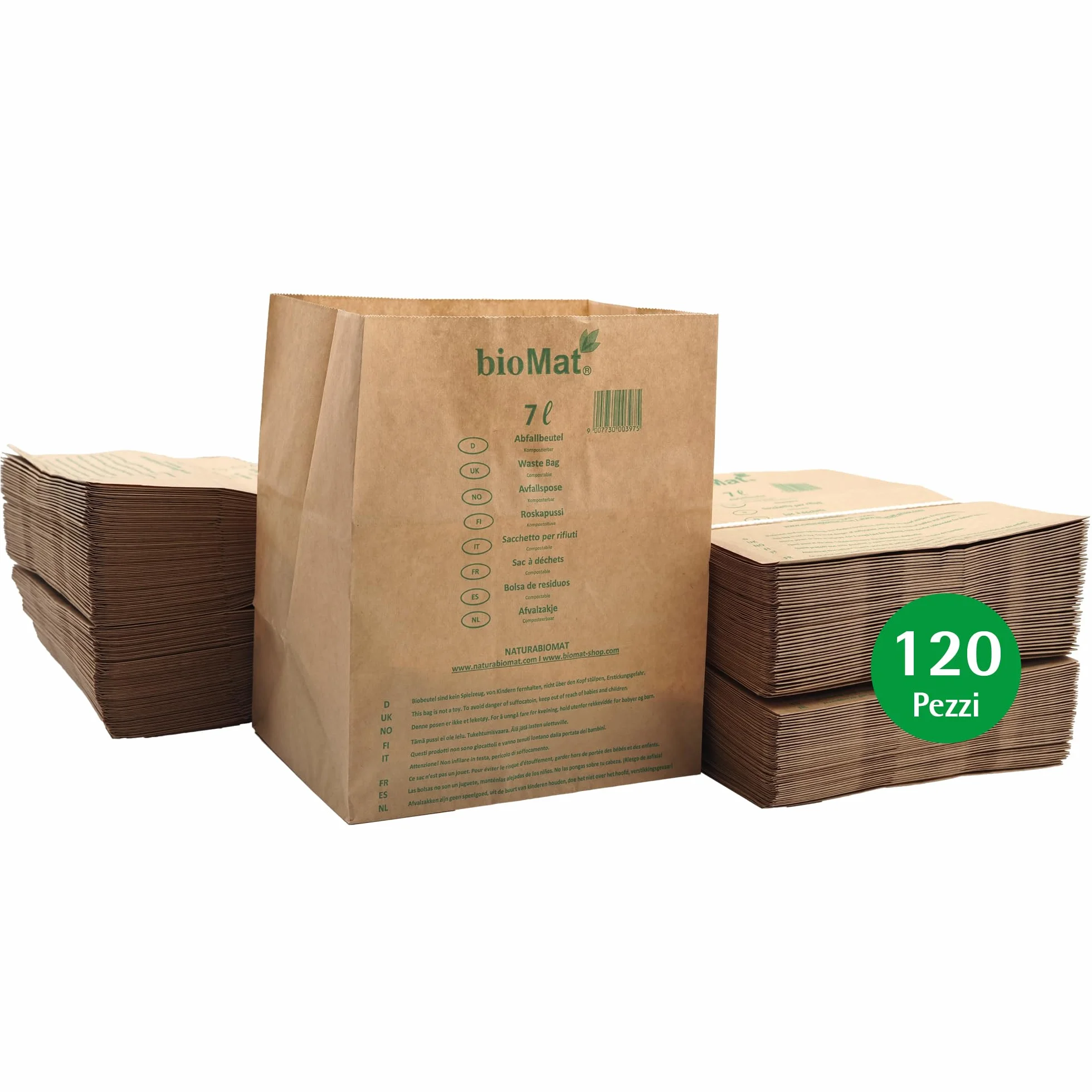 bioMat Sacchetti di Carta Compostabili da 7l per Umido, 120 Sacchetti Kraft, Resistenti all'Umidità, Made in Germany