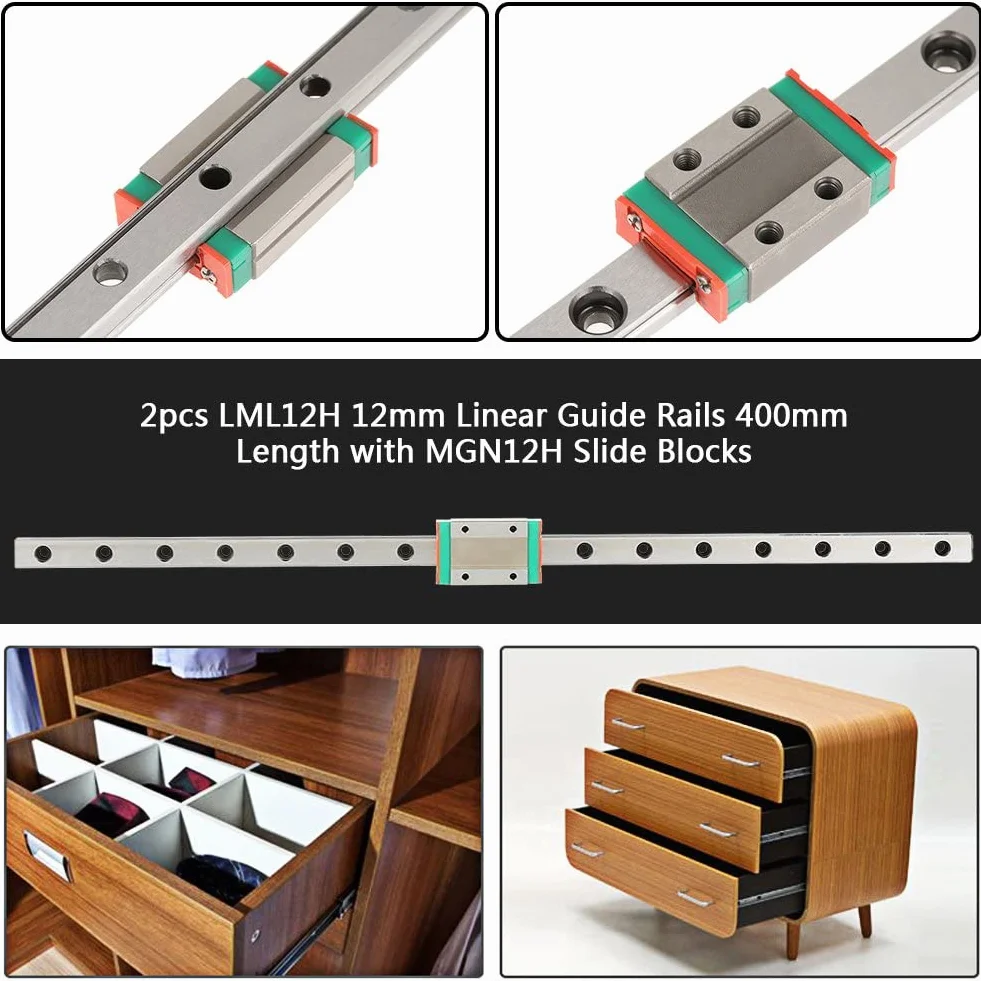 2Pcs LML12H Guida Lineare Scorrevole a Lunghezza di 400mm, Guida Lineare Rotaia con Blocchi di Scorrimento MGN12H per Apparecchiature Automatiche